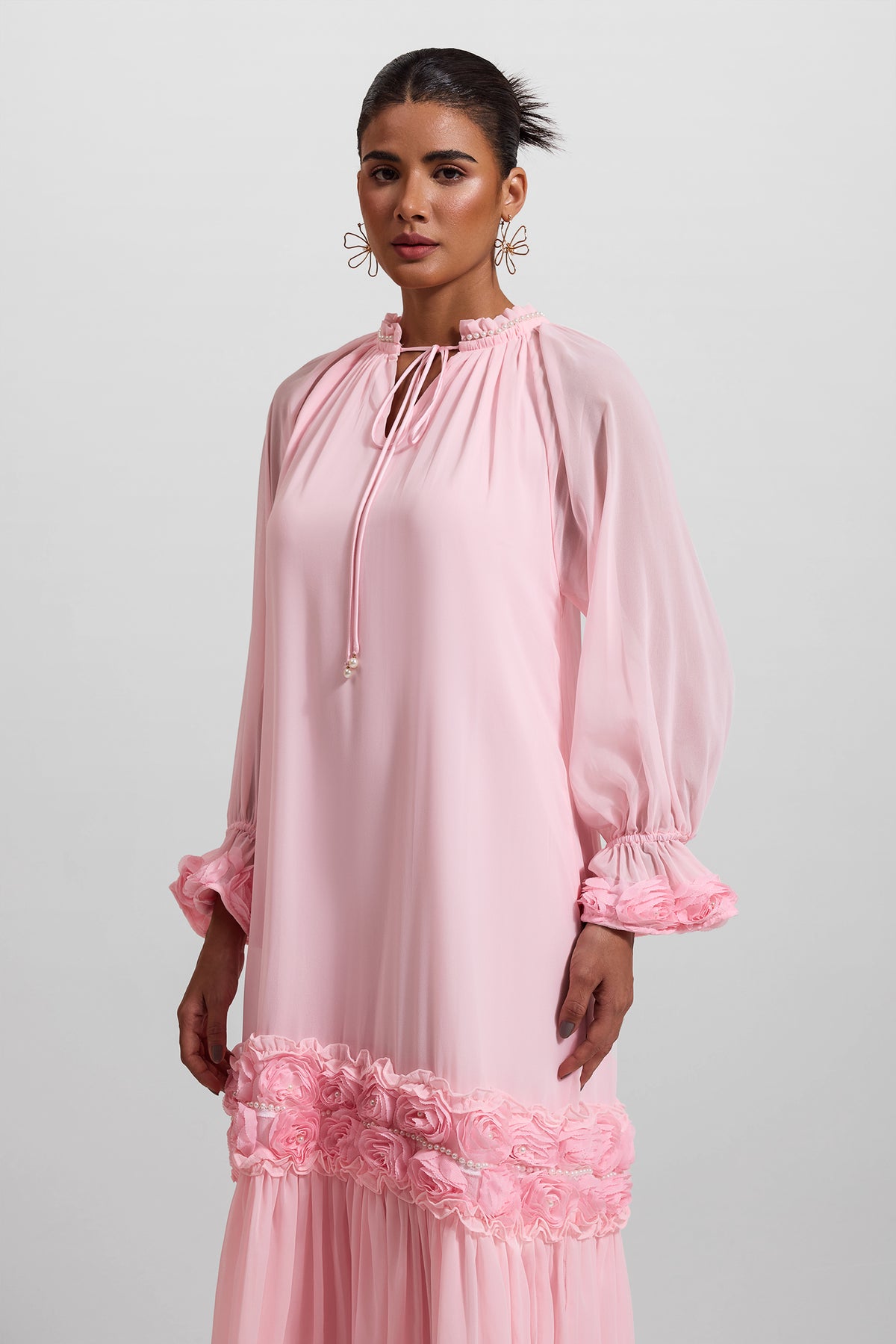 3d Frill Long Sleeve Midi Dress