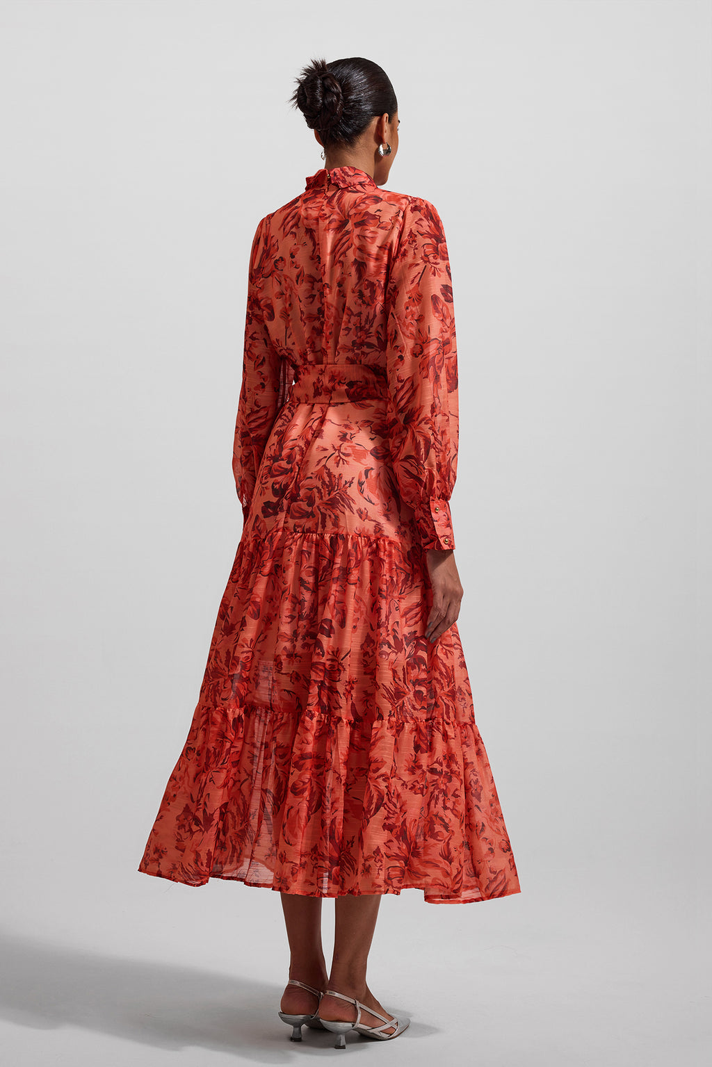 Lantern Sleeve Metal Bottom Midi Dress With Belt