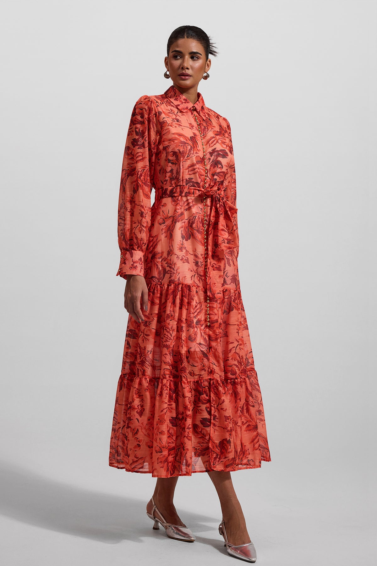 Lantern Sleeve Metal Bottom Midi Dress With Belt