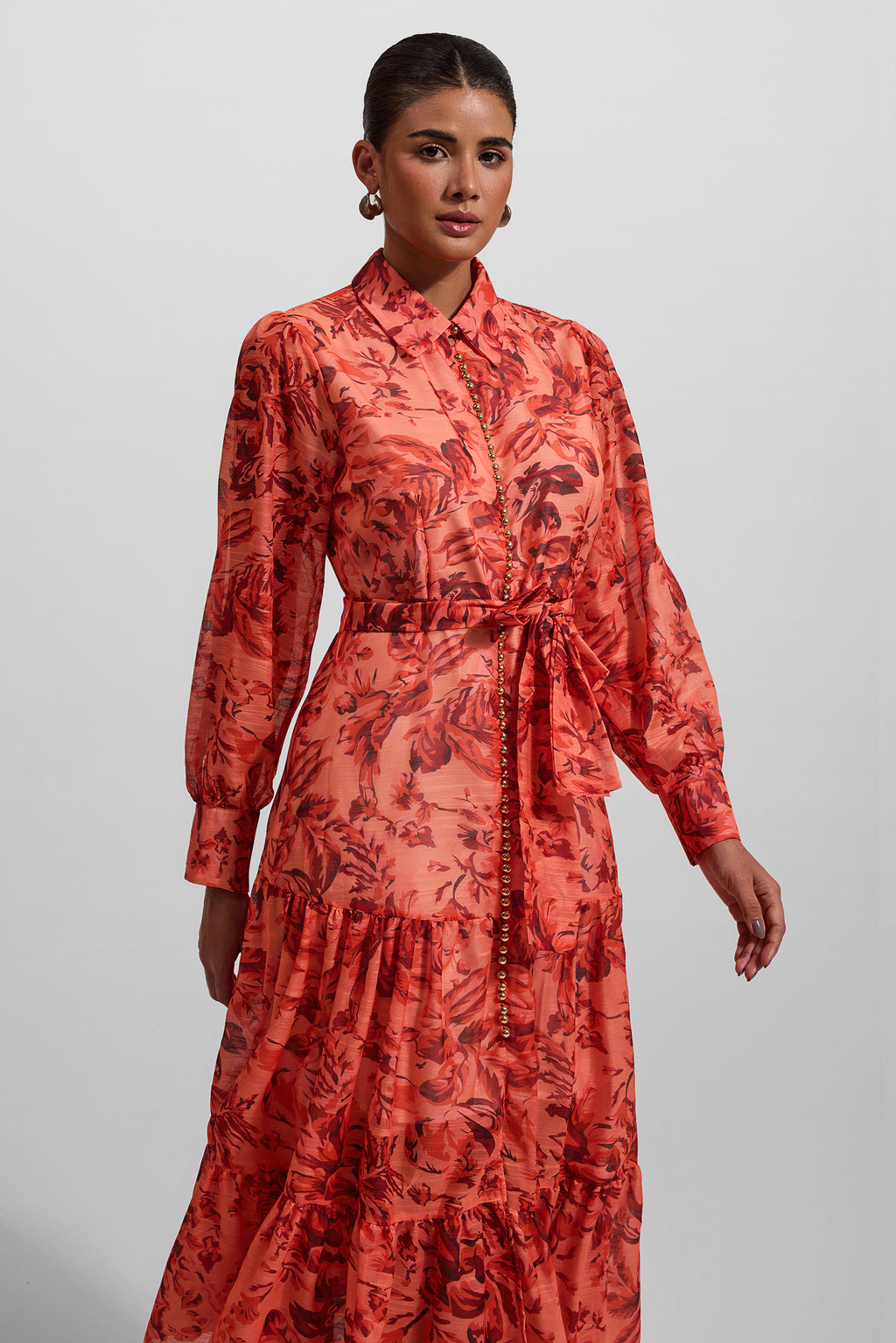 Lantern Sleeve Metal Bottom Midi Dress With Belt