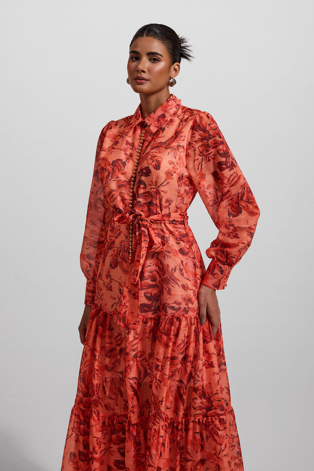 Lantern Sleeve Metal Bottom Midi Dress With Belt