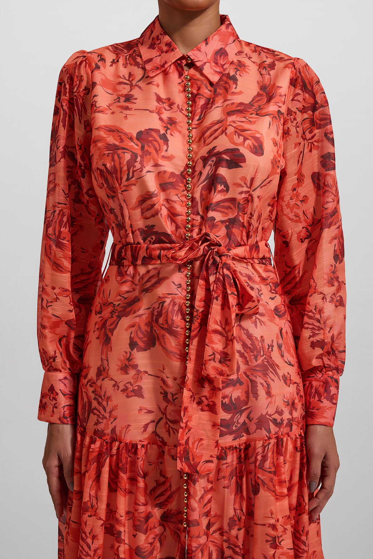 Lantern Sleeve Metal Bottom Midi Dress With Belt