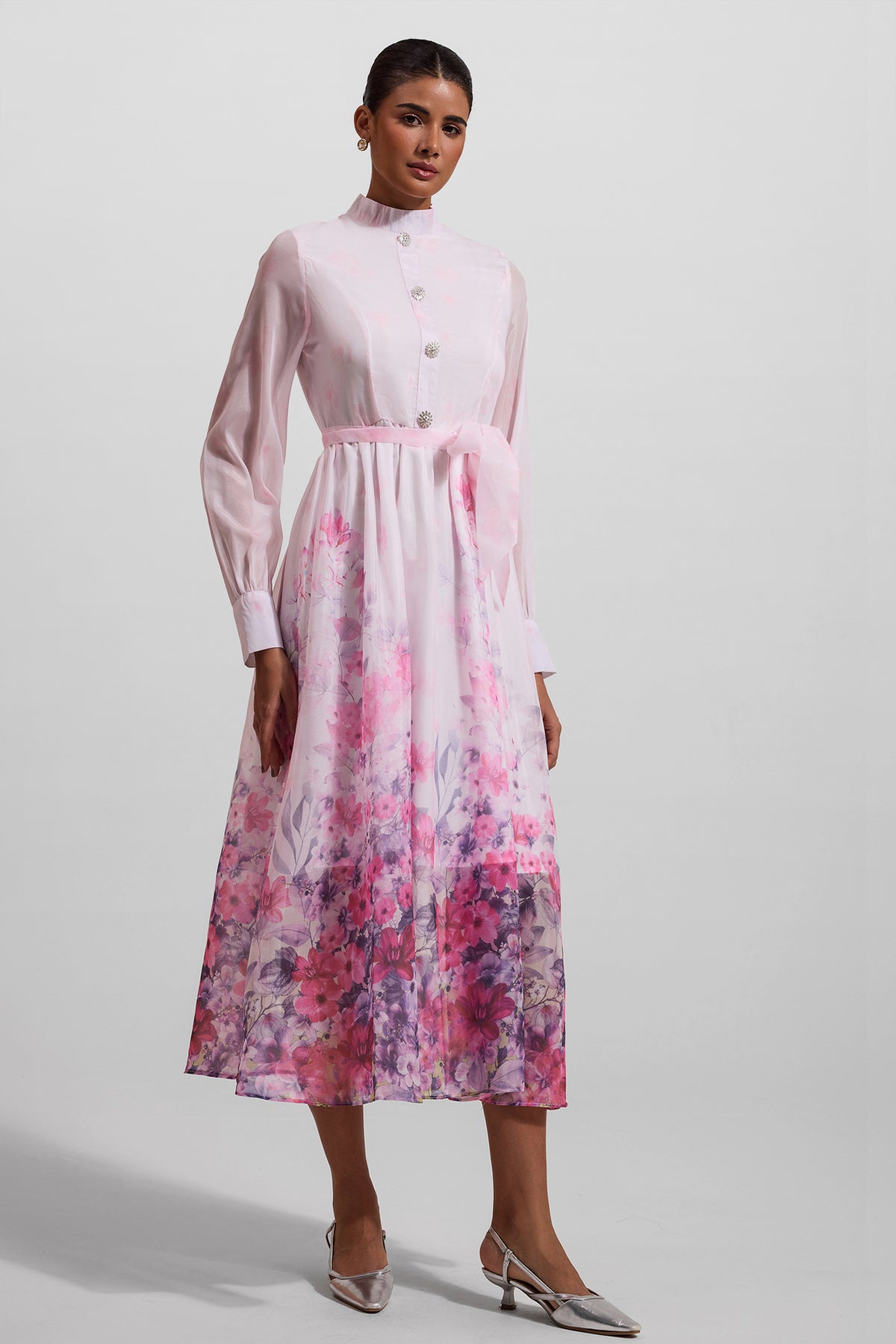 Lantern Sleeve Midi Dress With Belt