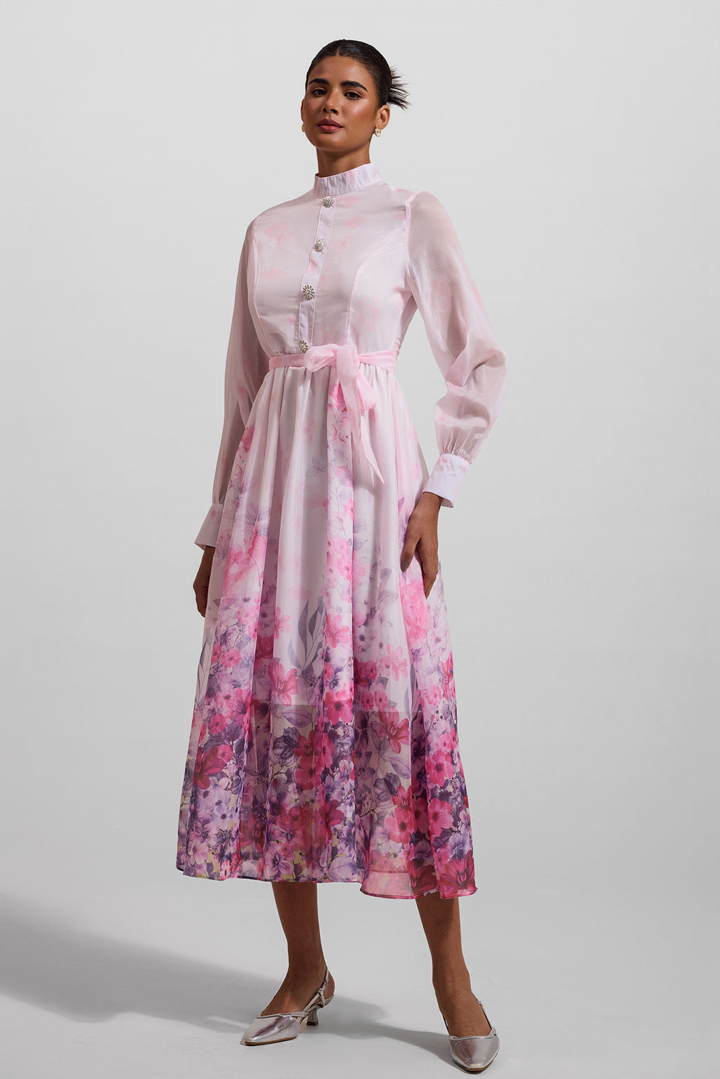 Lantern Sleeve Midi Dress With Belt