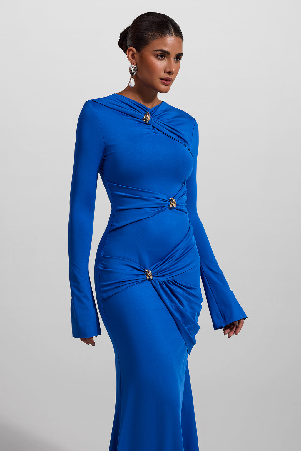 Knit Ruched Long Sleeve Maxi Dress Blue