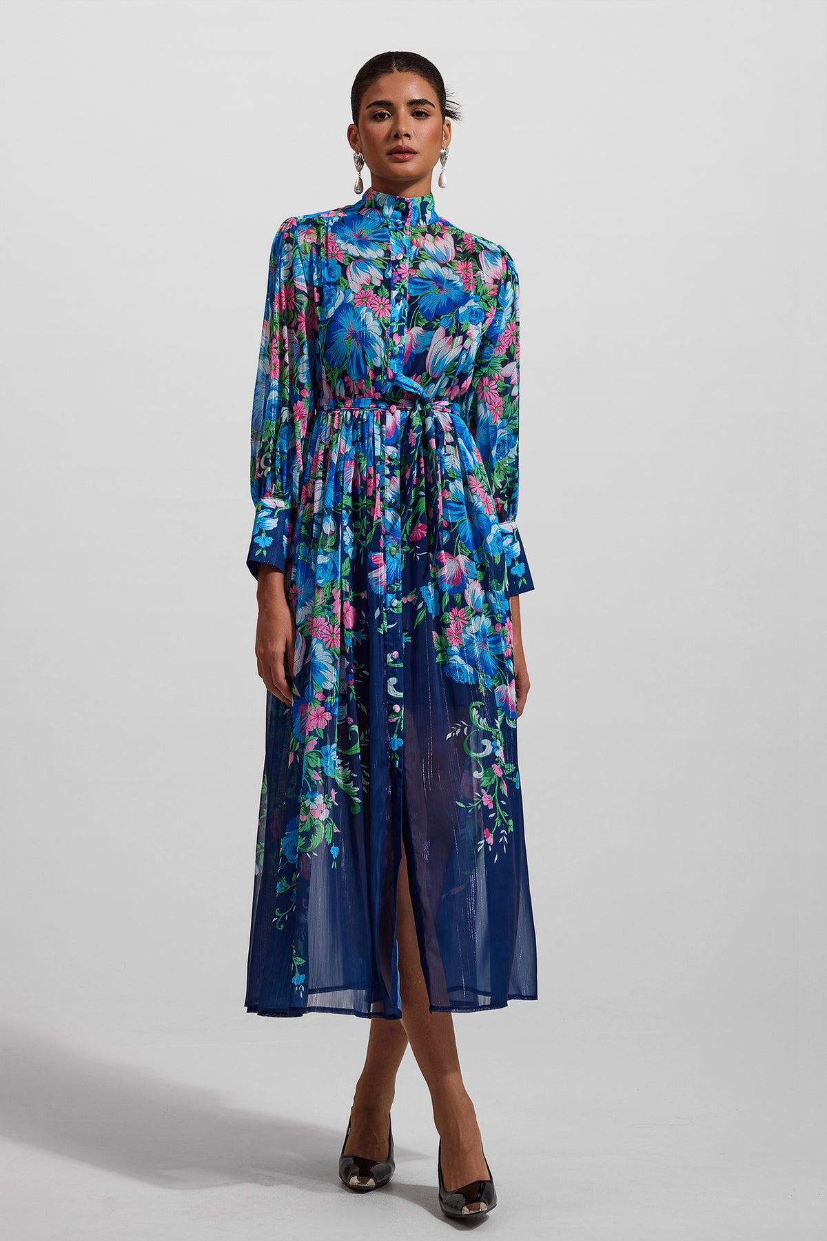 Stand Collar Long Sleeve Midi Dress