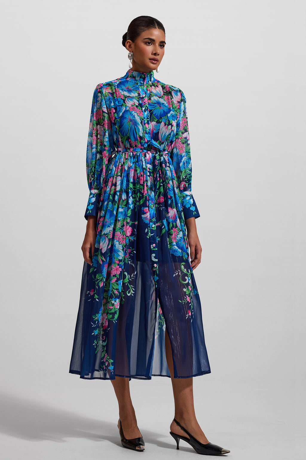 Stand Collar Long Sleeve Midi Dress