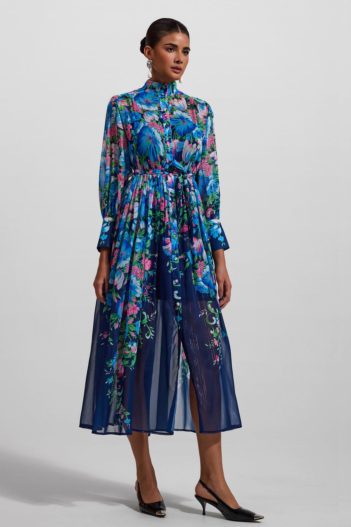 Stand Collar Long Sleeve Midi Dress