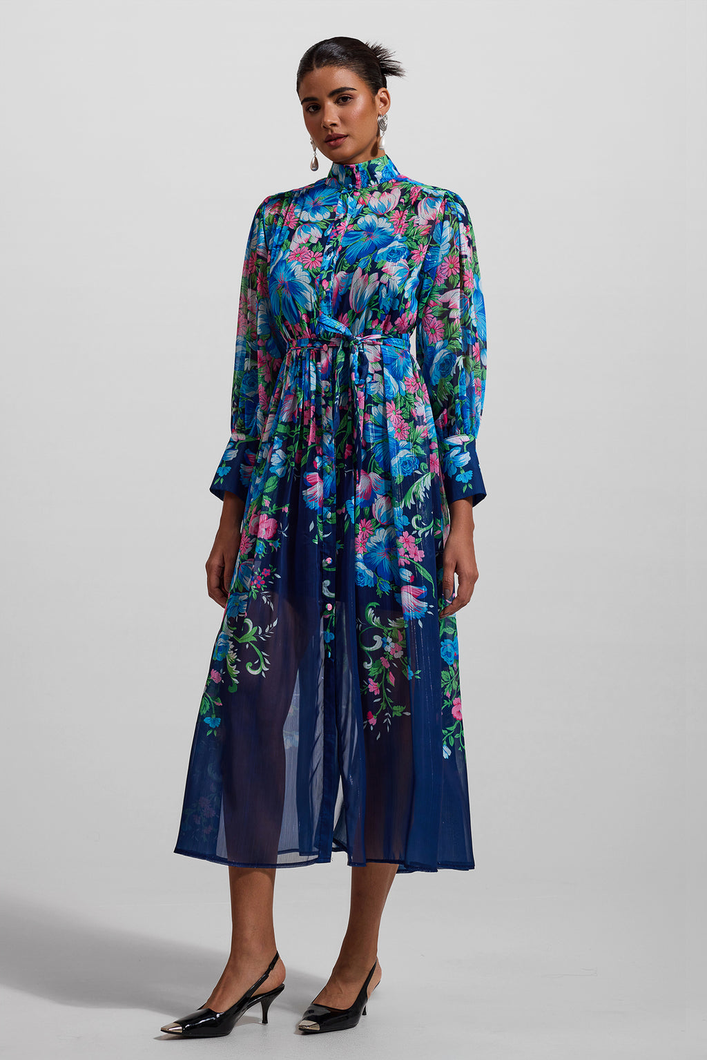 Stand Collar Long Sleeve Midi Dress