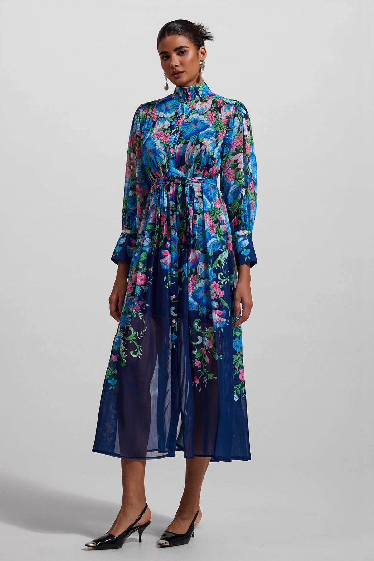 Stand Collar Long Sleeve Midi Dress