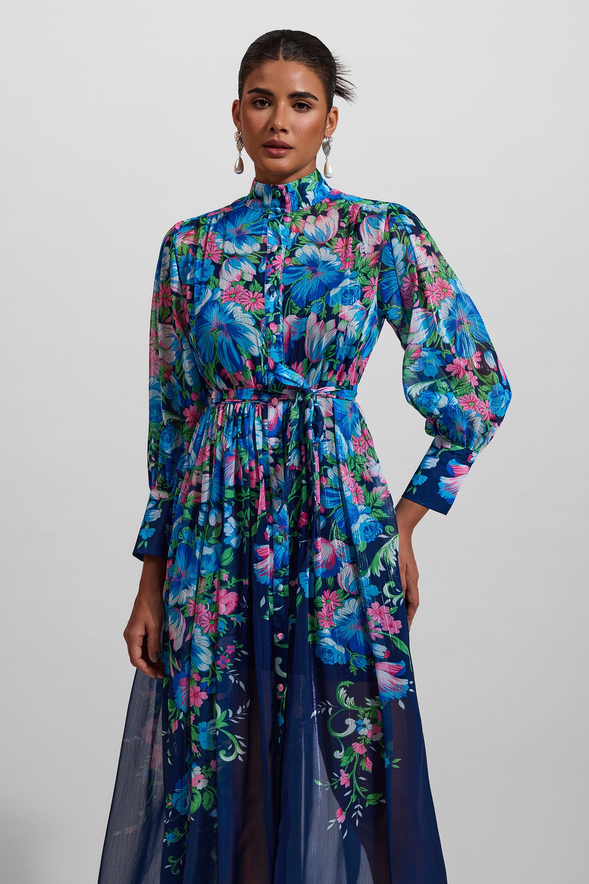 Stand Collar Long Sleeve Midi Dress
