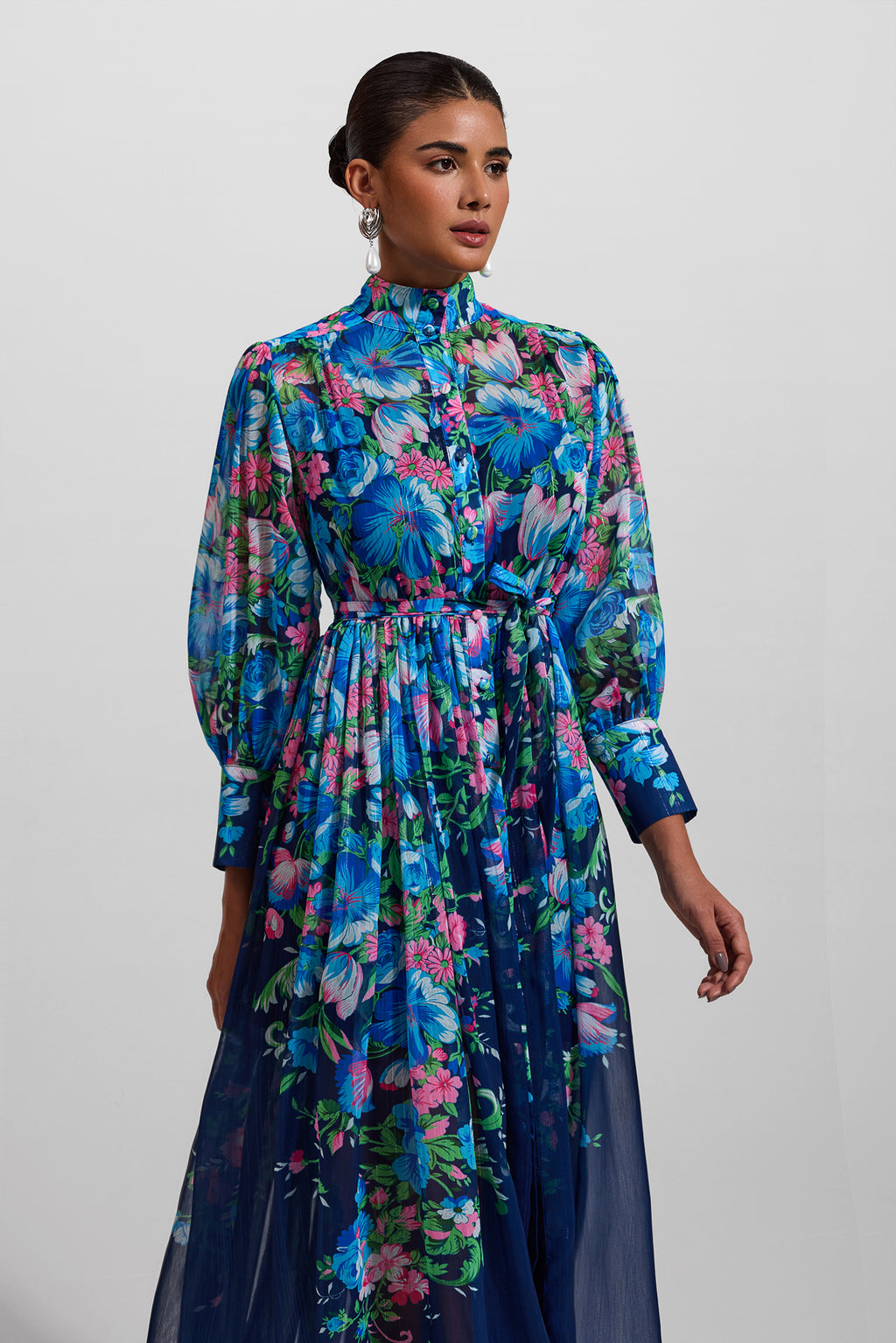 Stand Collar Long Sleeve Midi Dress