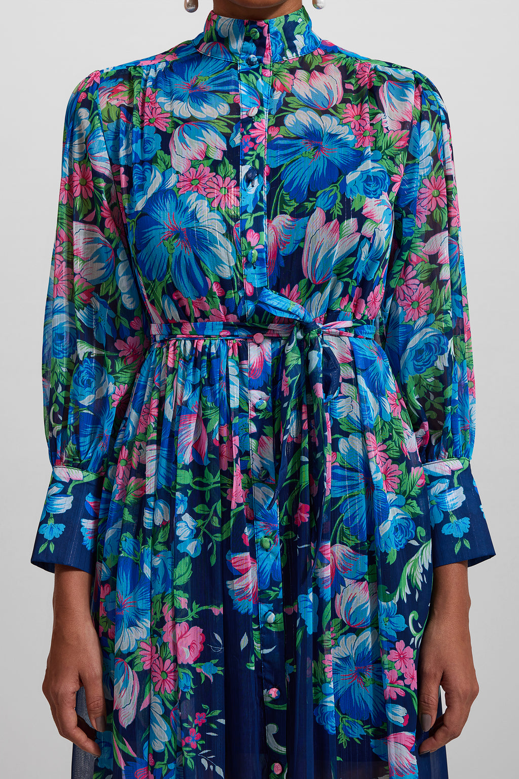 Stand Collar Long Sleeve Midi Dress