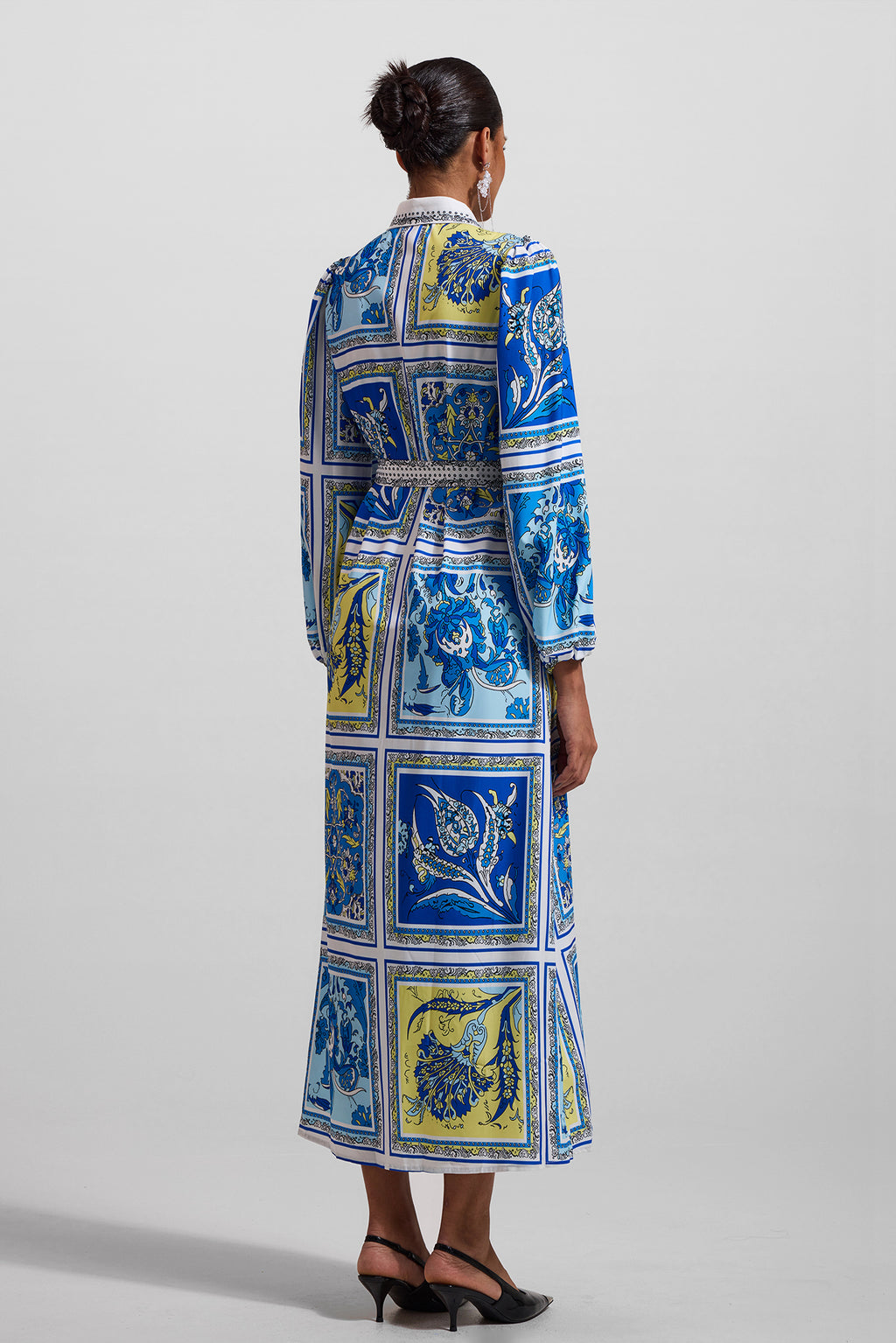 Paisley Print Lantern Sleeve Midi Dress With Belt