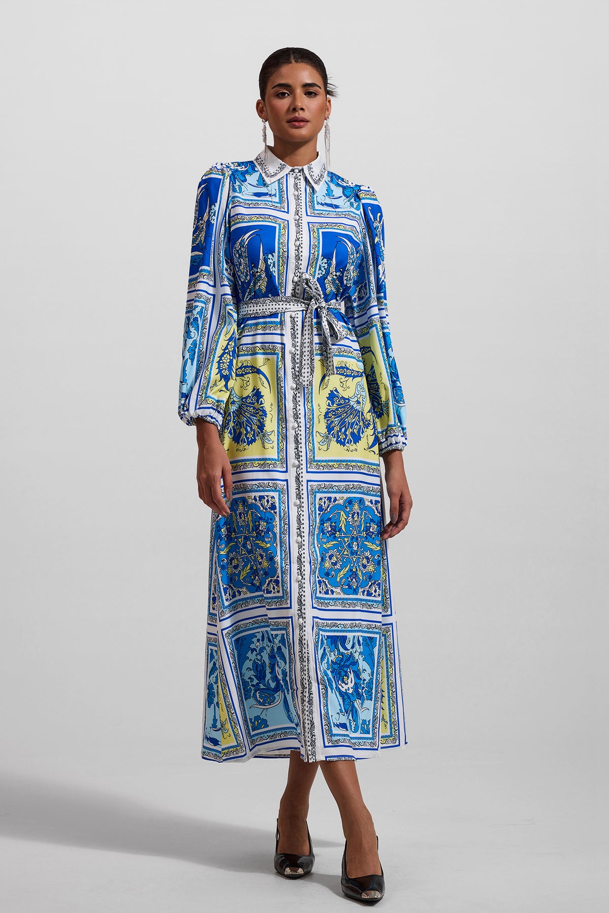 Paisley Print Lantern Sleeve Midi Dress With Belt