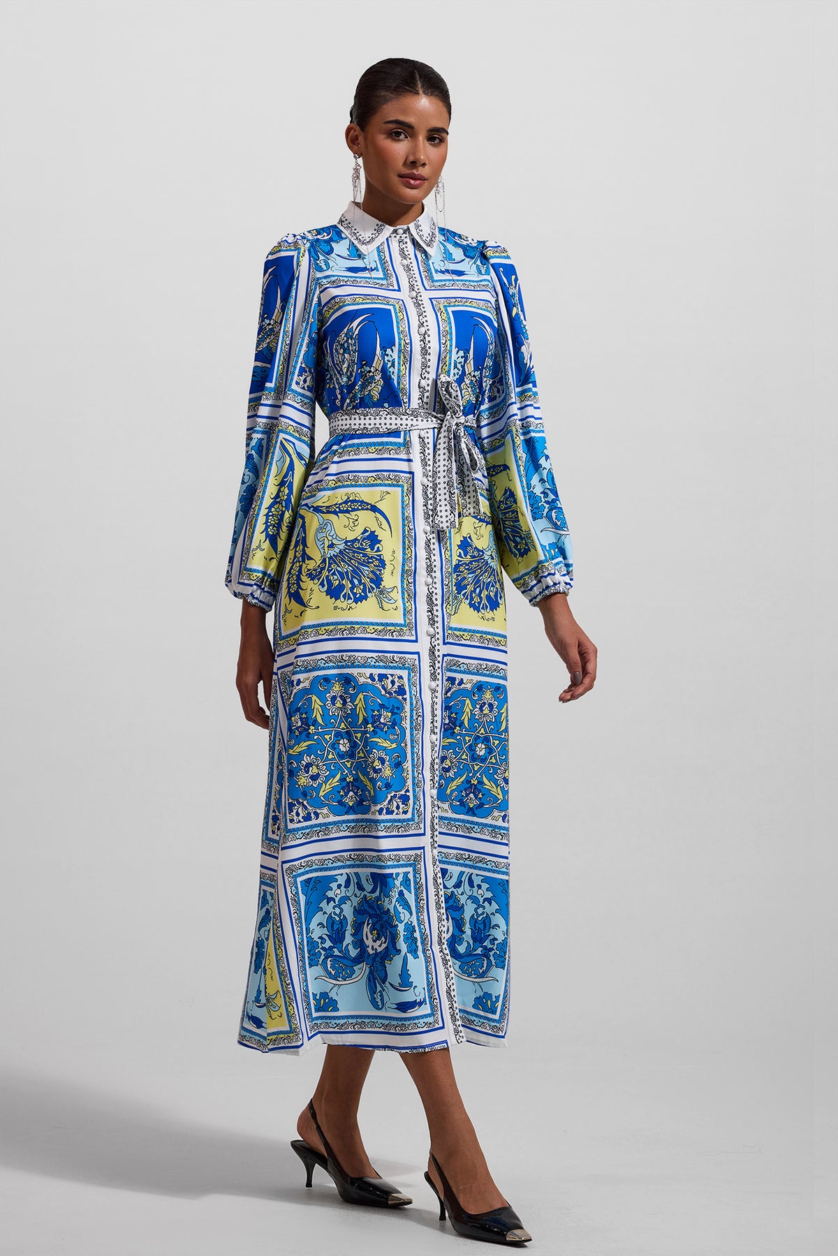 Paisley Print Lantern Sleeve Midi Dress With Belt