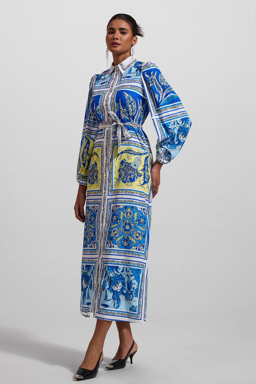 Paisley Print Lantern Sleeve Midi Dress With Belt