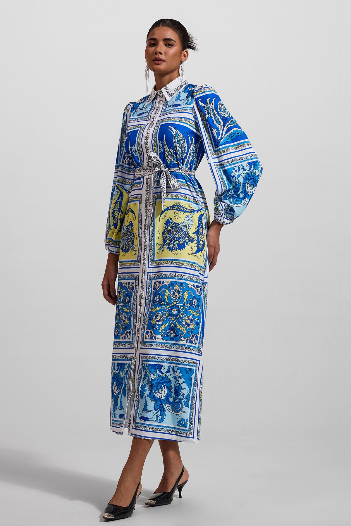 Paisley Print Lantern Sleeve Midi Dress With Belt