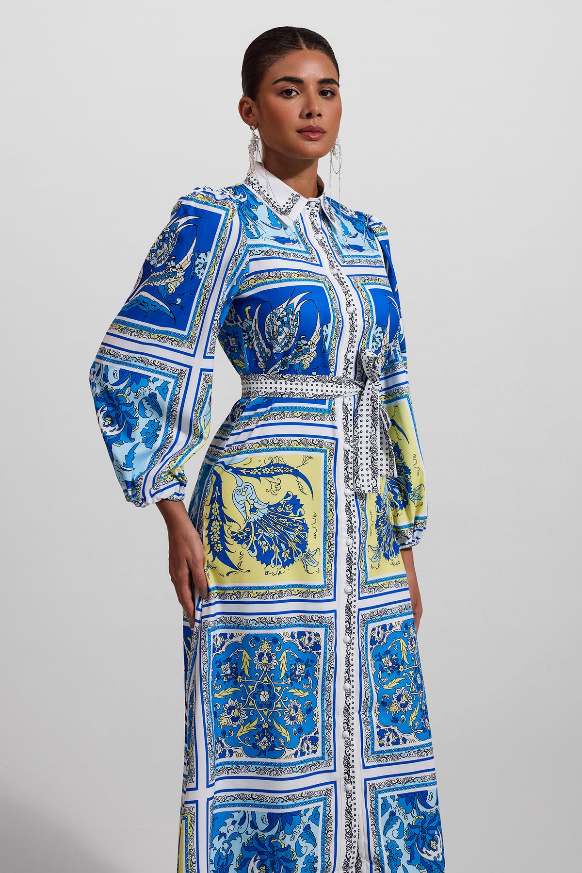 Paisley Print Lantern Sleeve Midi Dress With Belt