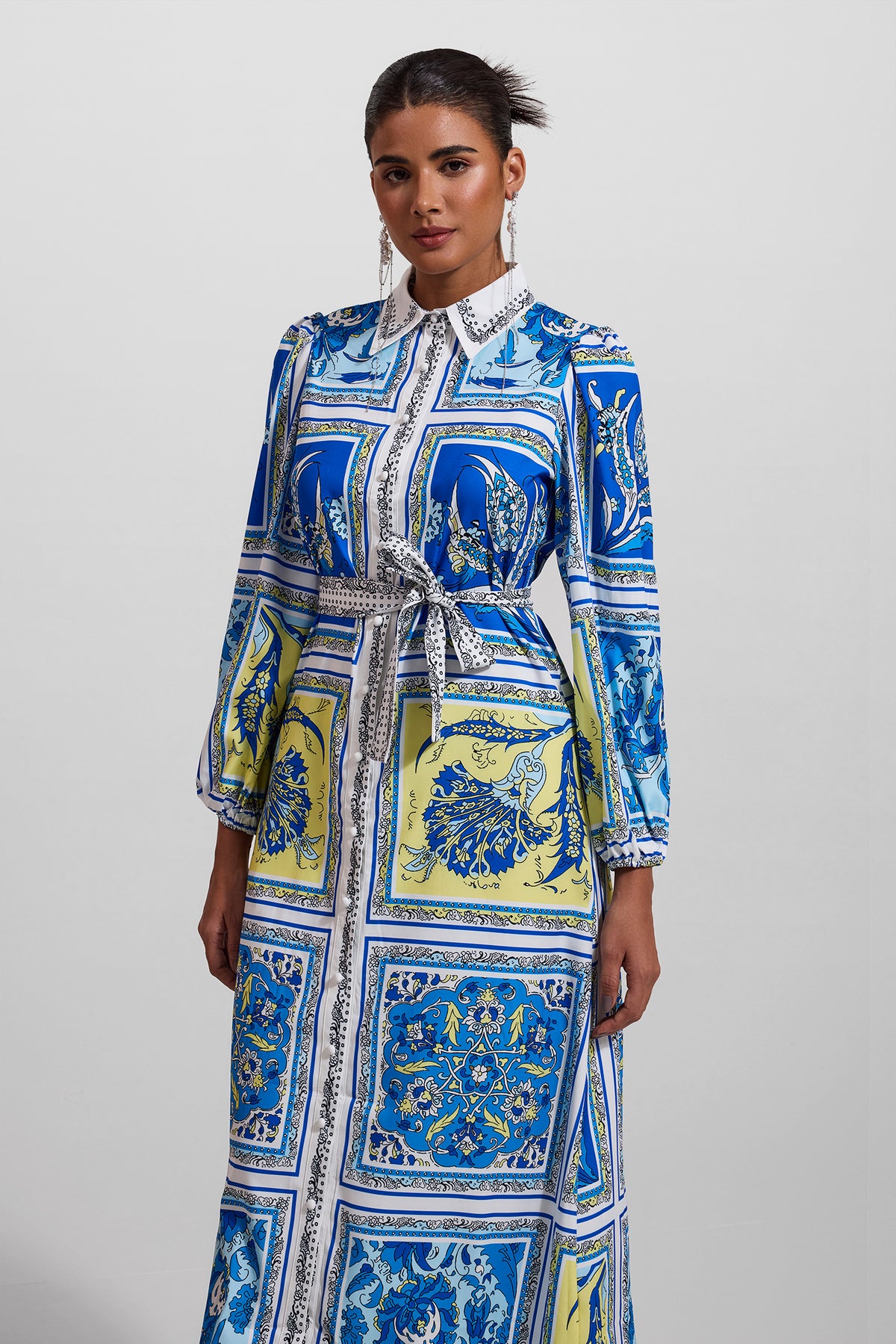 Paisley Print Lantern Sleeve Midi Dress With Belt