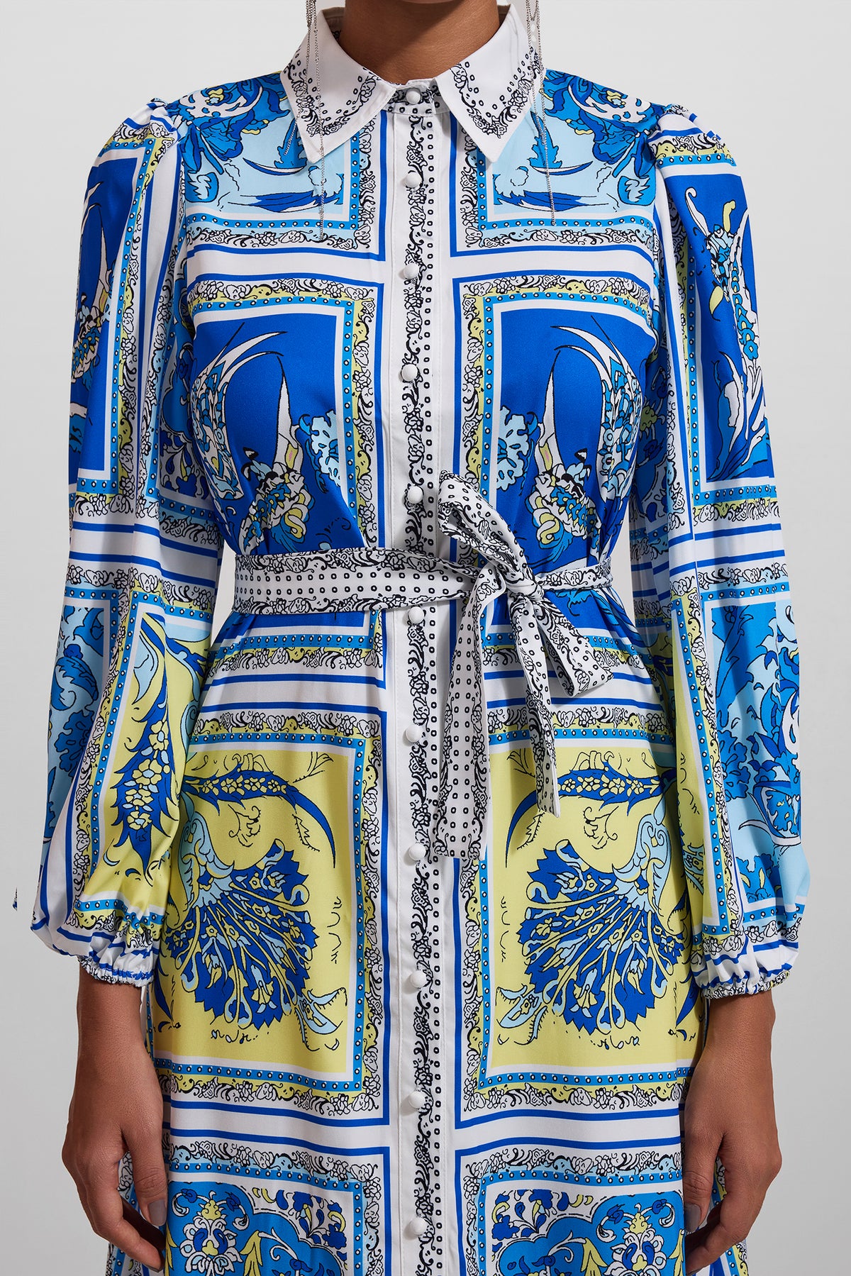 Paisley Print Lantern Sleeve Midi Dress With Belt