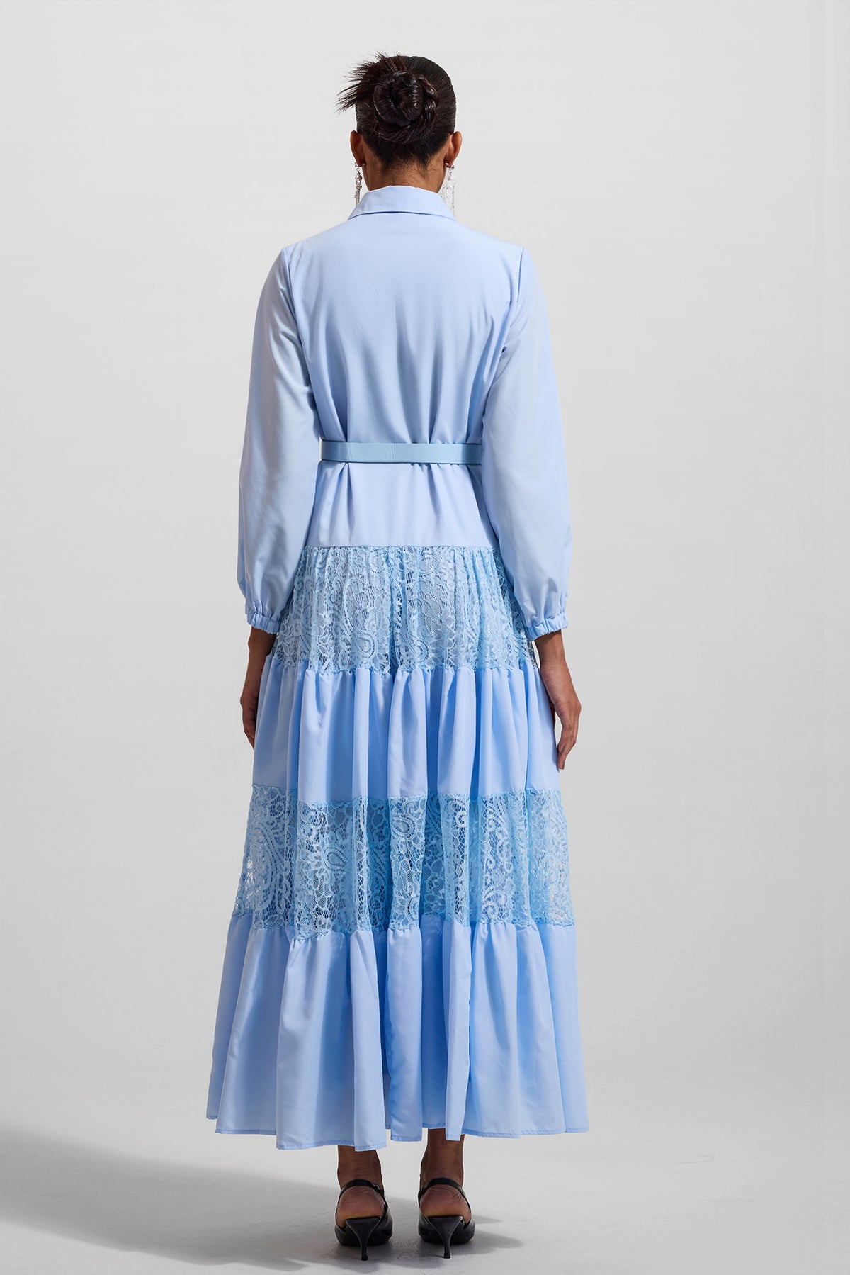 Lace Embroidered Rhinestone Lantern Sleeve Midi Dress
