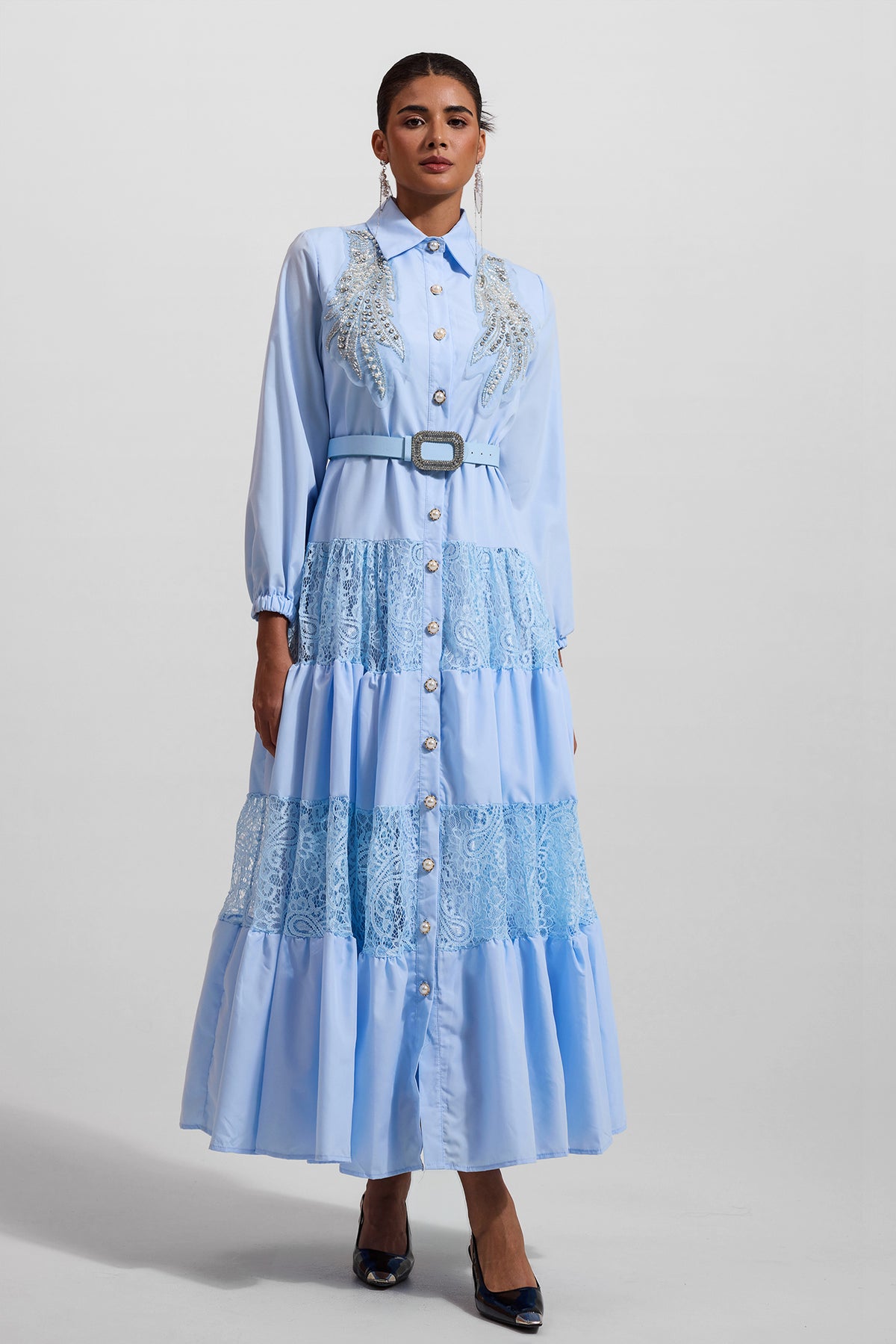 Lace Embroidered Rhinestone Lantern Sleeve Midi Dress