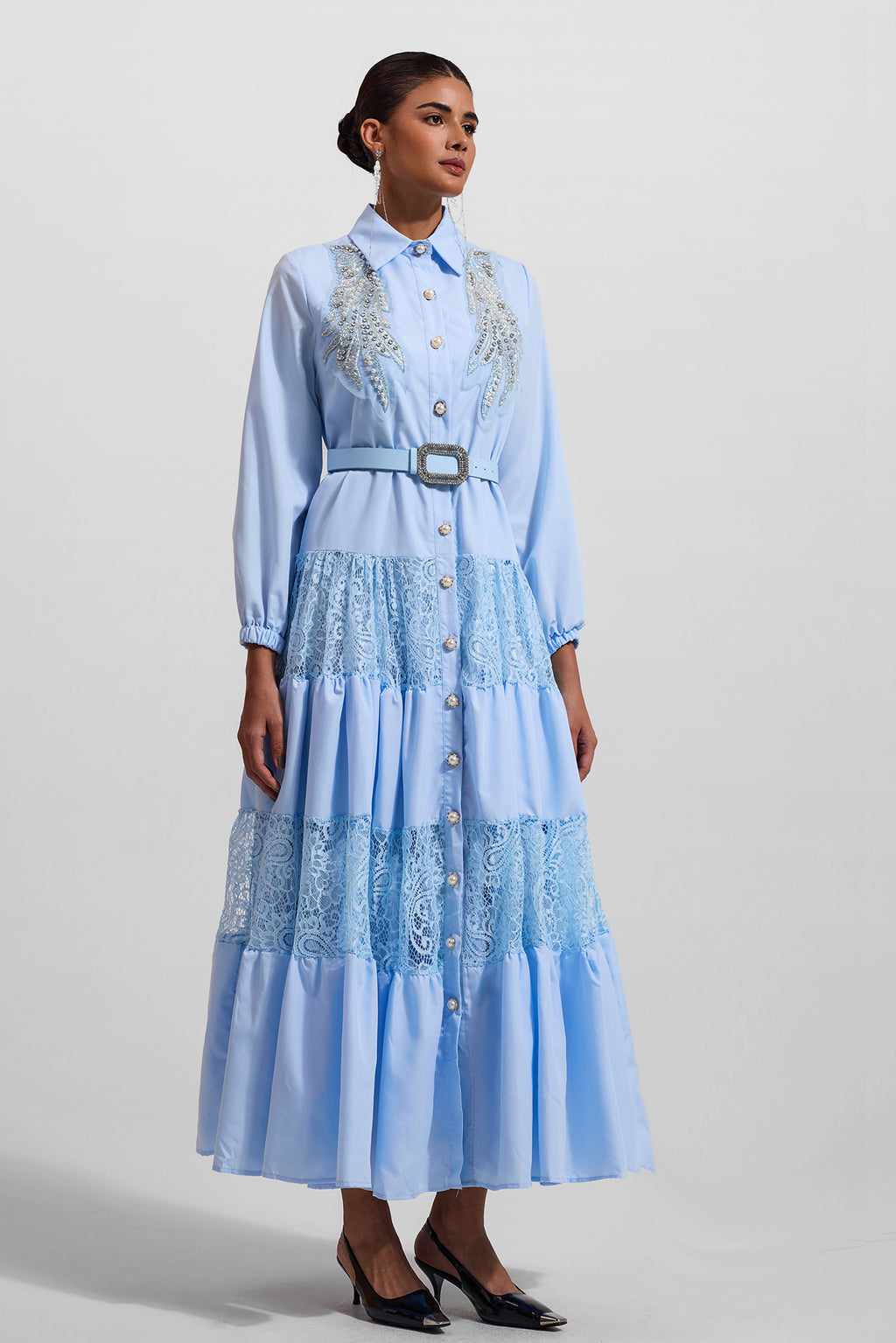 Lace Embroidered Rhinestone Lantern Sleeve Midi Dress