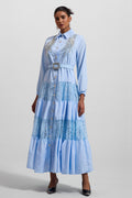 Lace Embroidered Rhinestone Lantern Sleeve Midi Dress