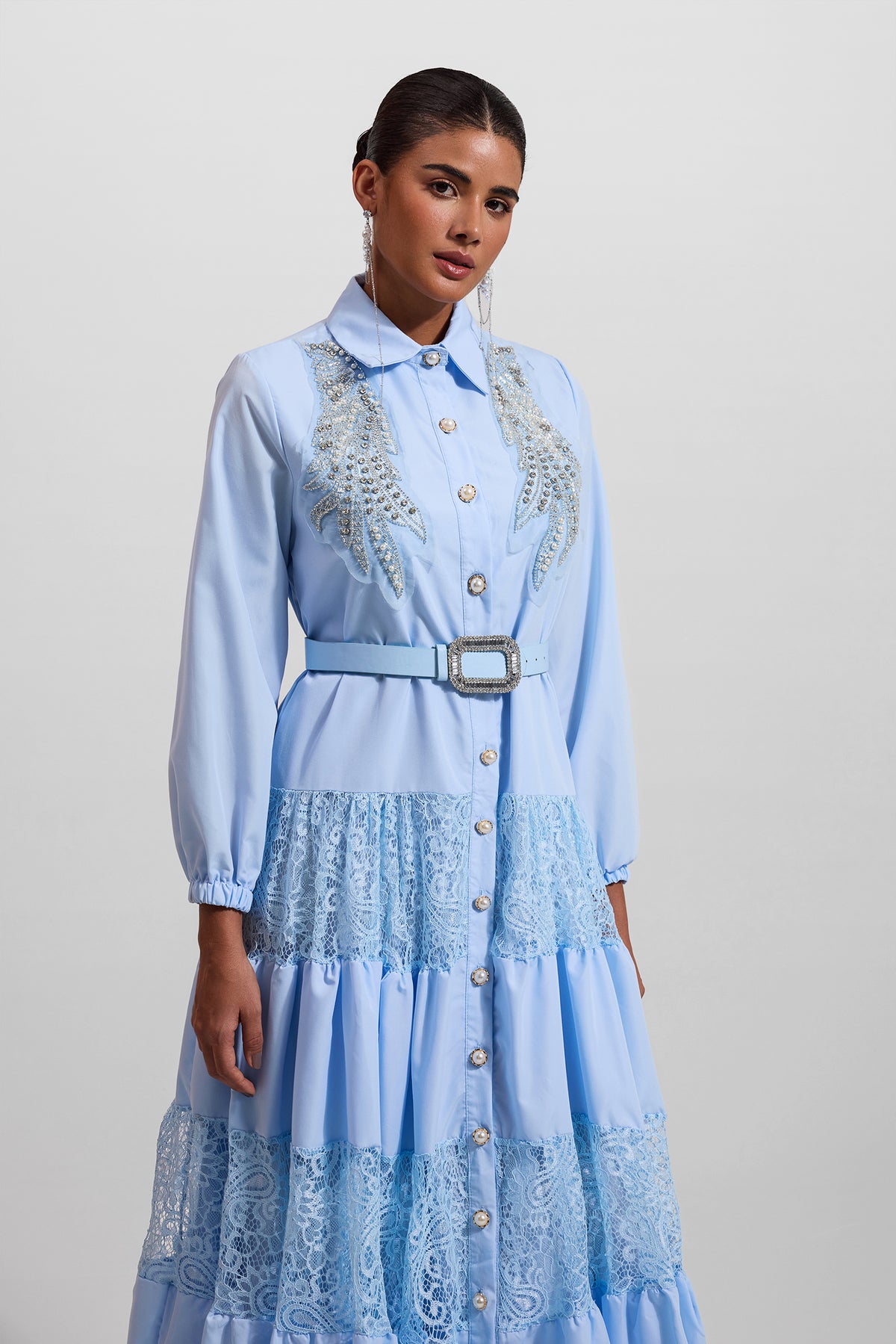 Lace Embroidered Rhinestone Lantern Sleeve Midi Dress