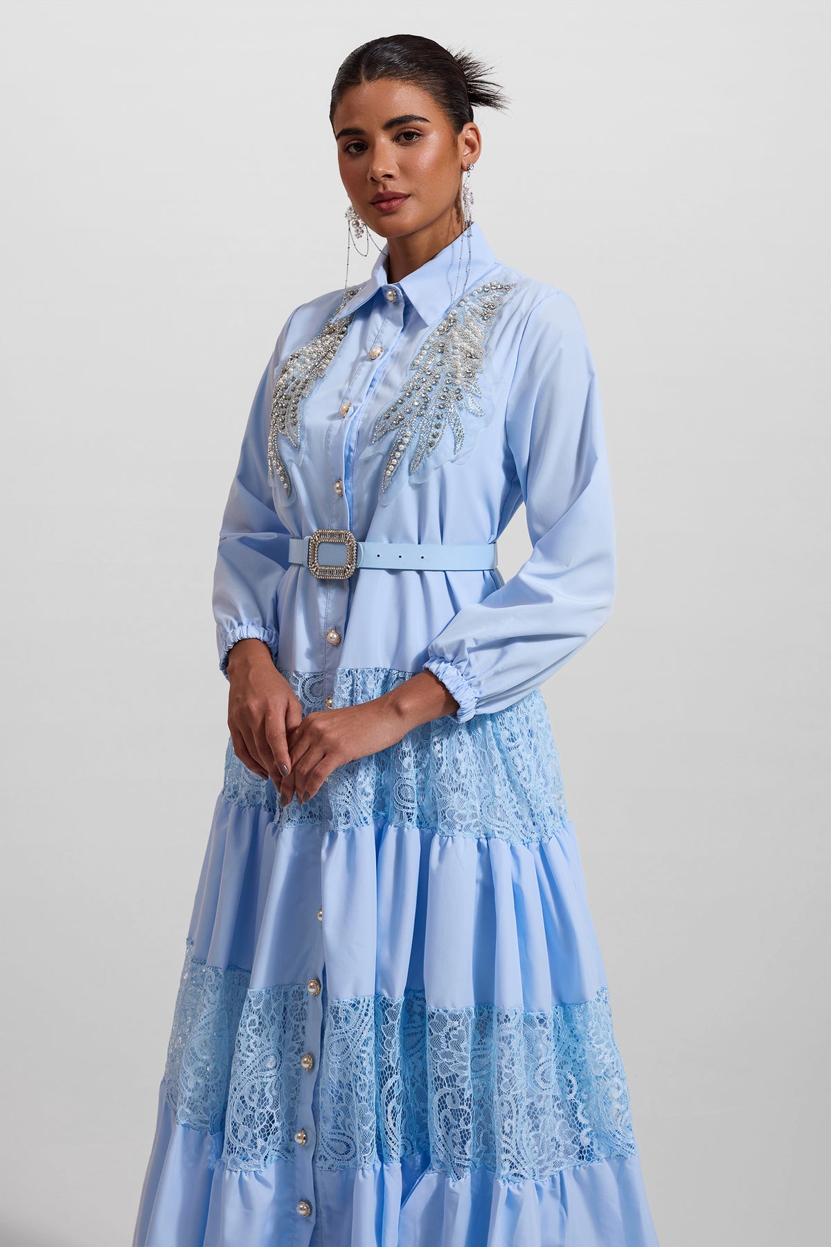 Lace Embroidered Rhinestone Lantern Sleeve Midi Dress