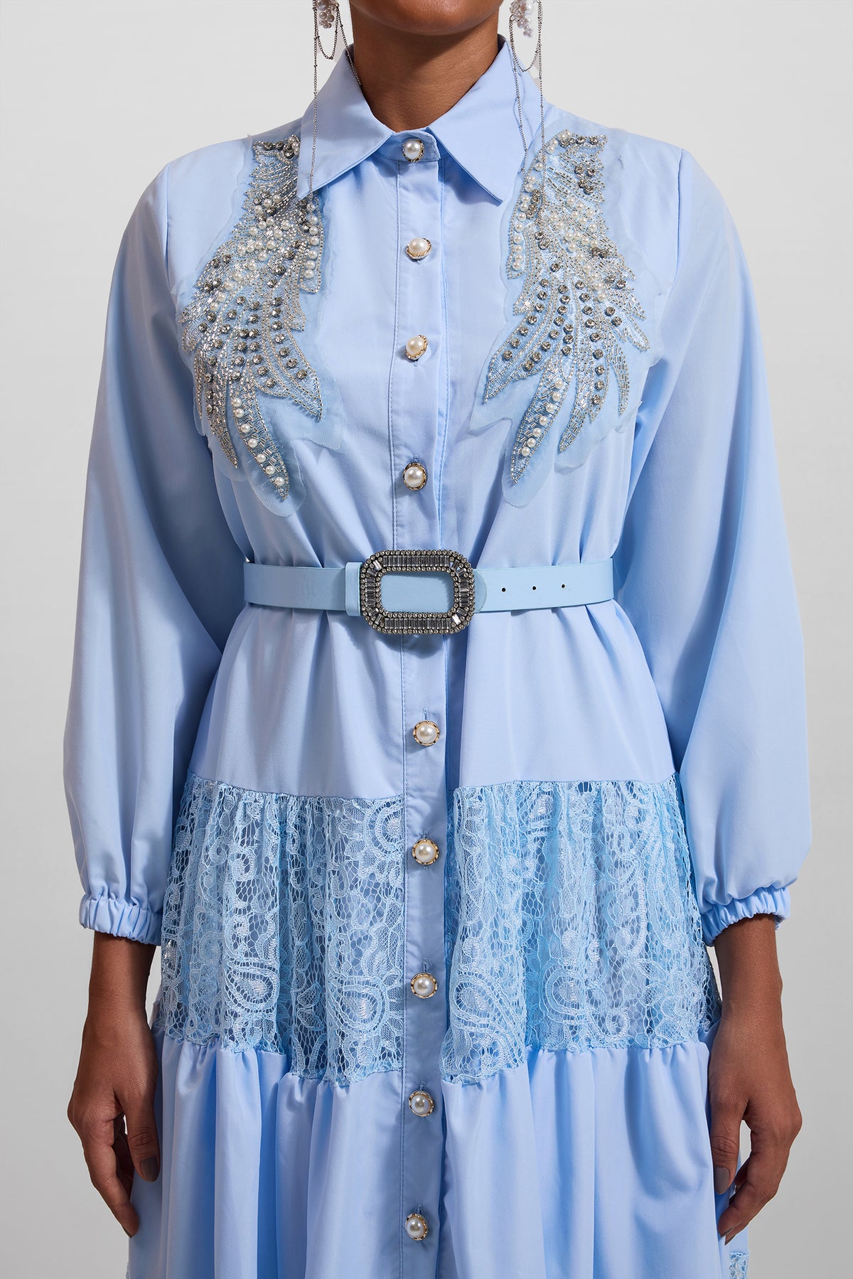 Lace Embroidered Rhinestone Lantern Sleeve Midi Dress