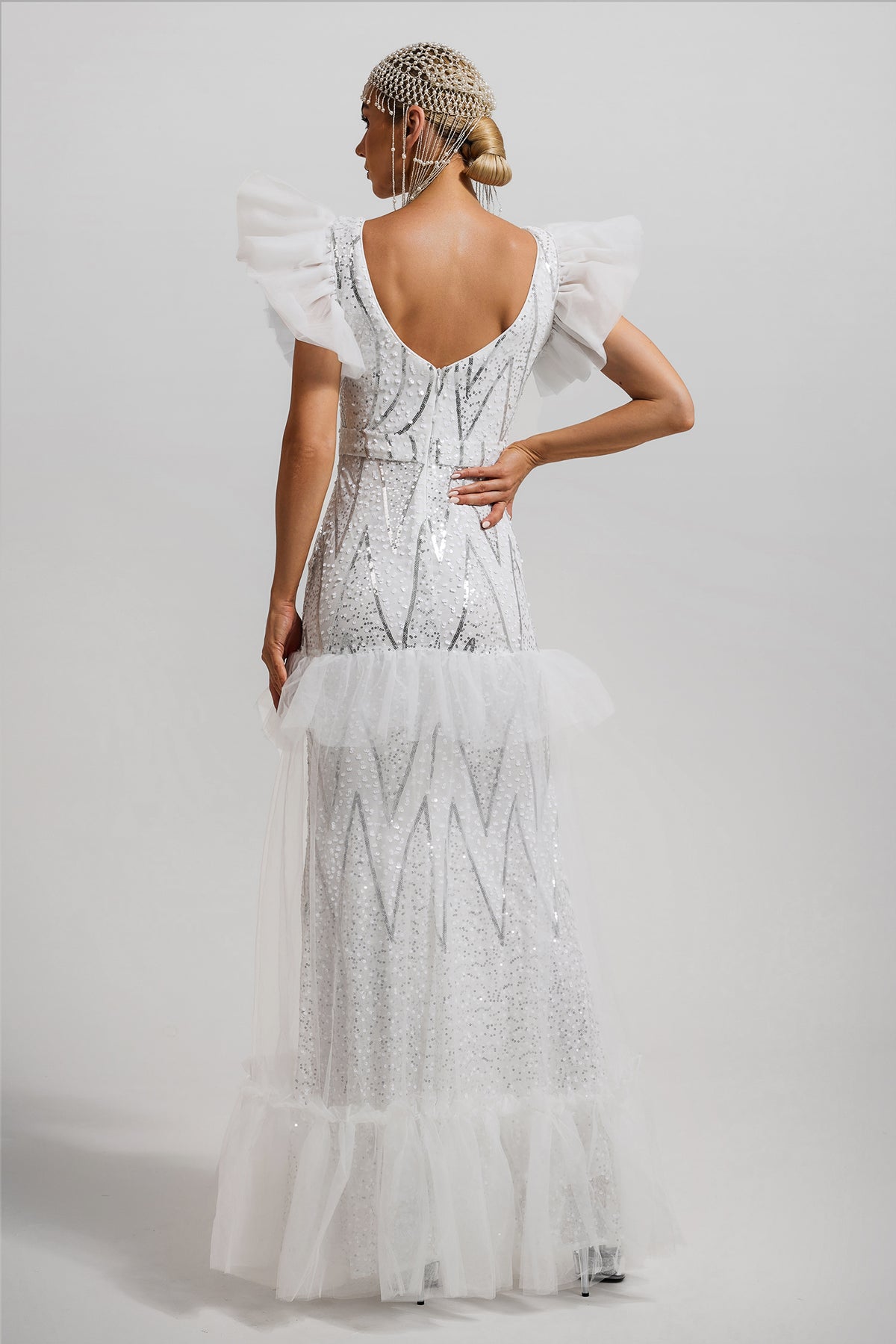 Sequin Ruffle V-neck Maxi Dress