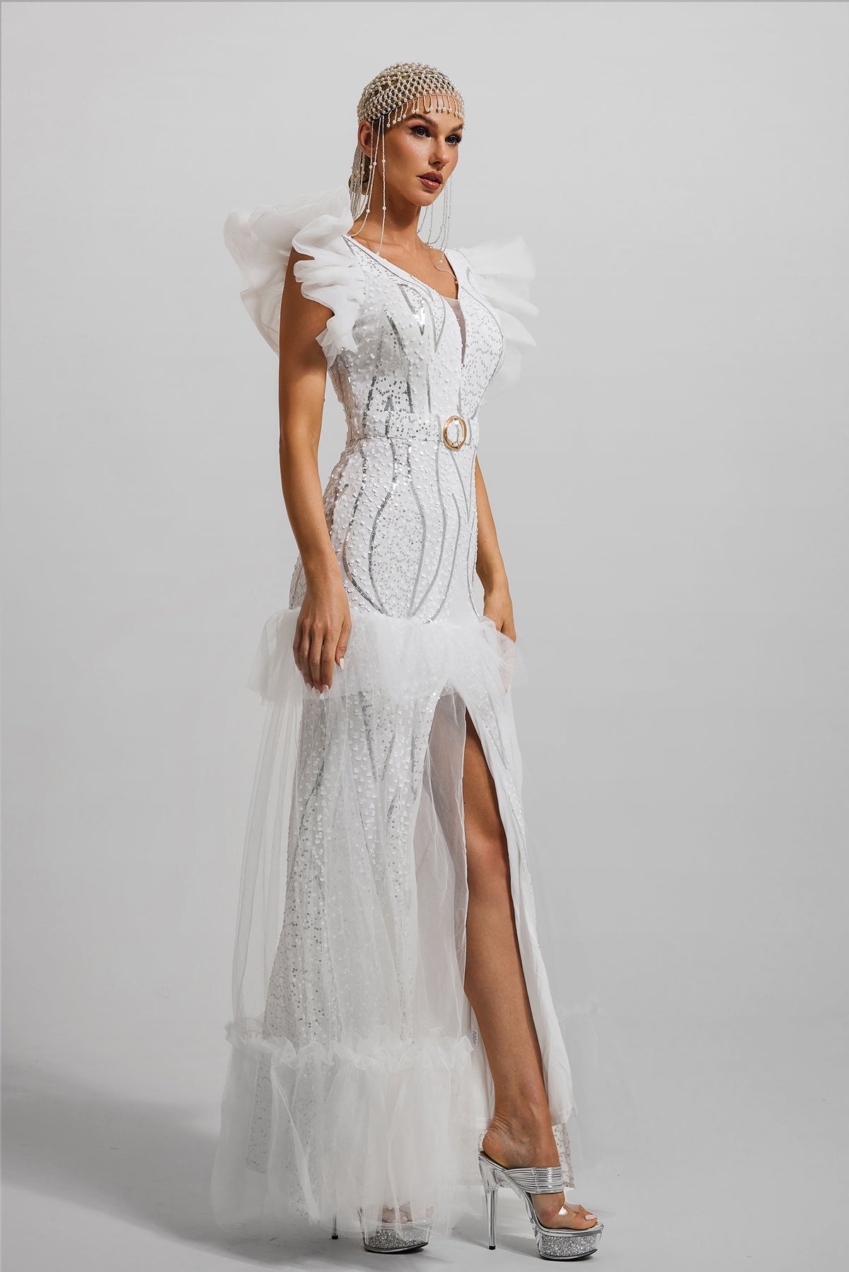 Sequin Ruffle V-neck Maxi Dress