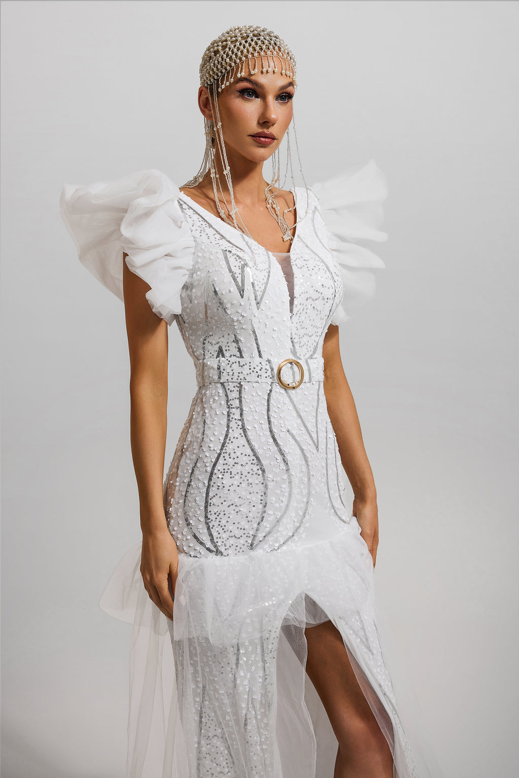 Sequin Ruffle V-neck Maxi Dress