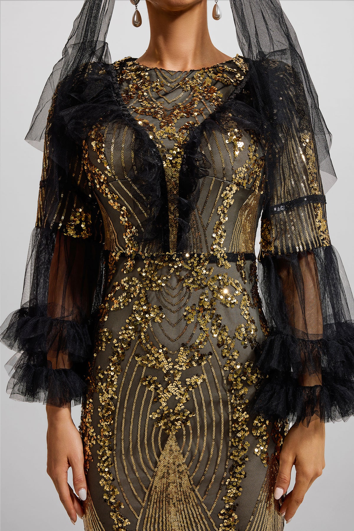 Sequin Ruffle Ball Sleeve Maxi Dress