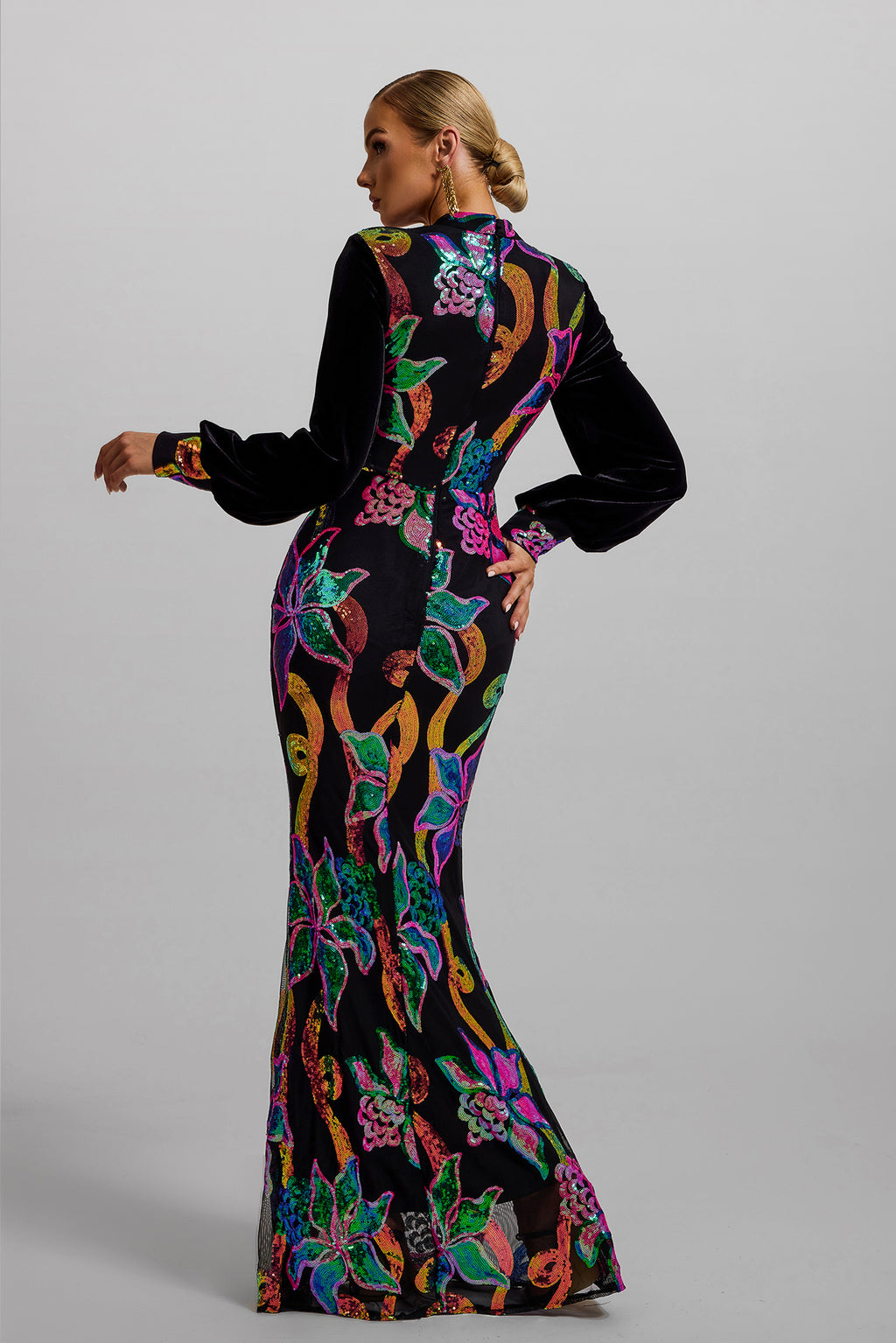 Sequin Velvet Lantern Sleeve Maxi Dress