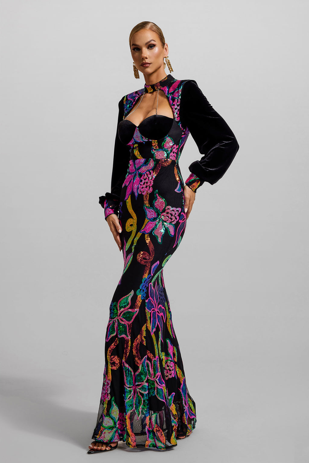 Sequin Velvet Lantern Sleeve Maxi Dress