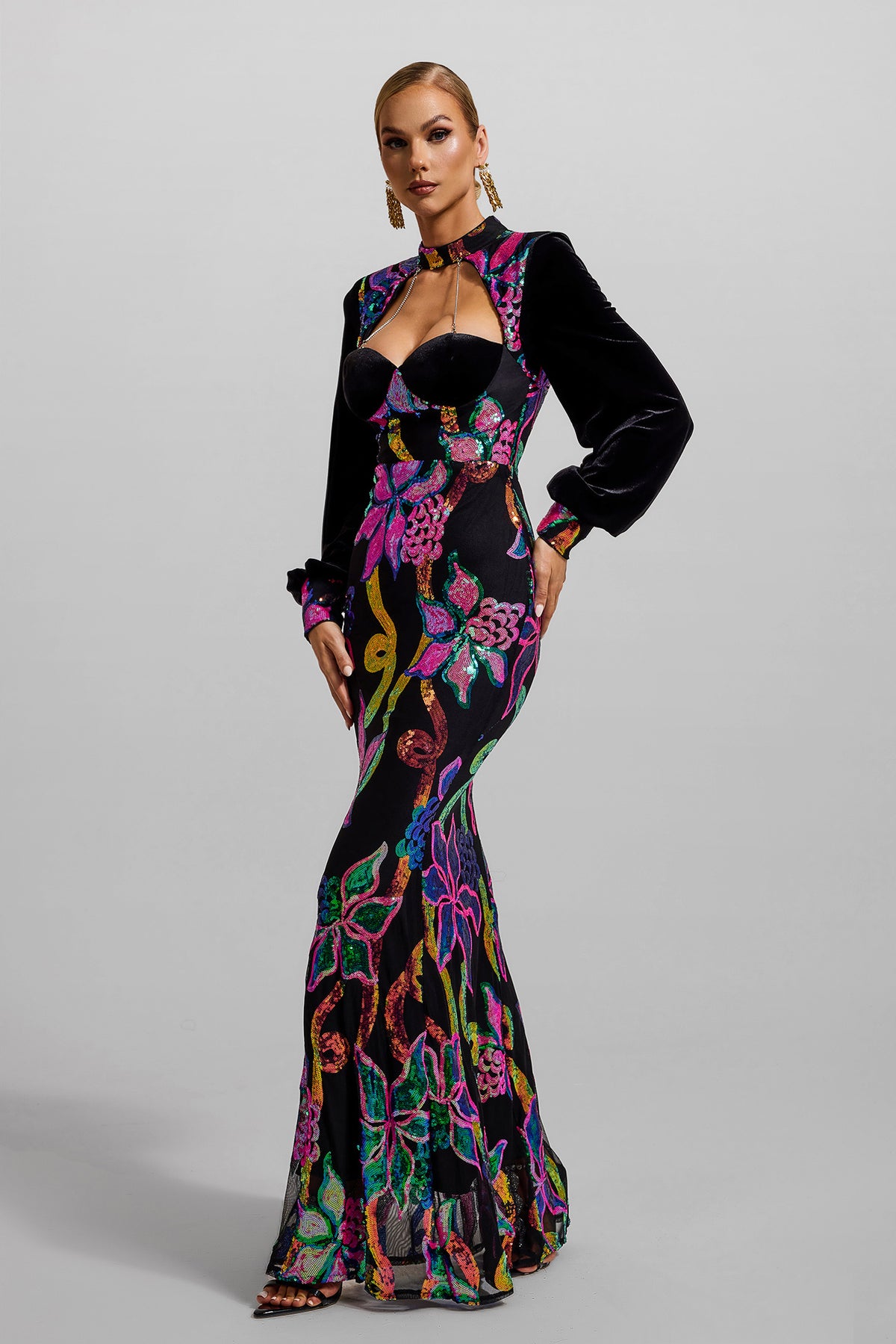 Sequin Velvet Lantern Sleeve Maxi Dress