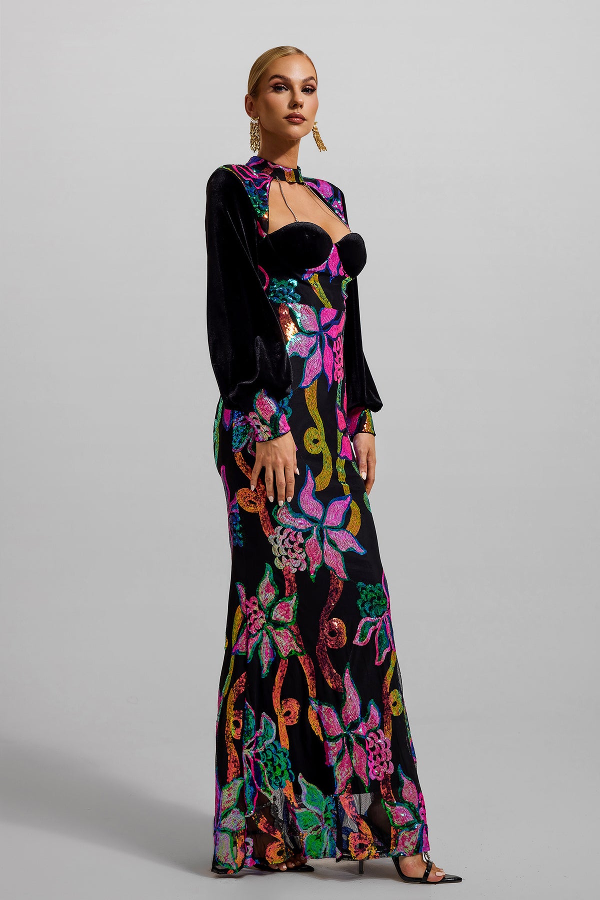 Sequin Velvet Lantern Sleeve Maxi Dress
