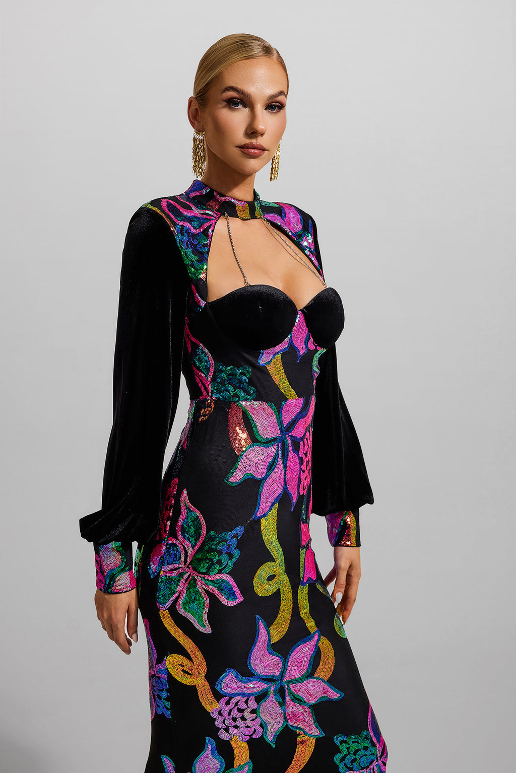 Sequin Velvet Lantern Sleeve Maxi Dress