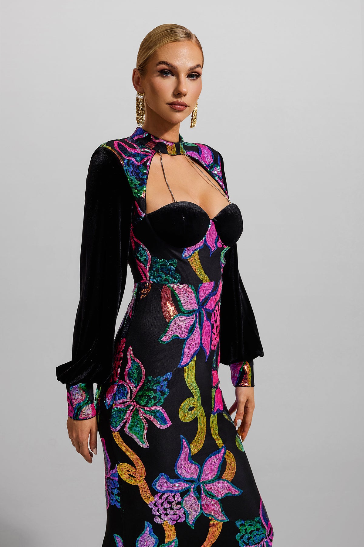 Sequin Velvet Lantern Sleeve Maxi Dress