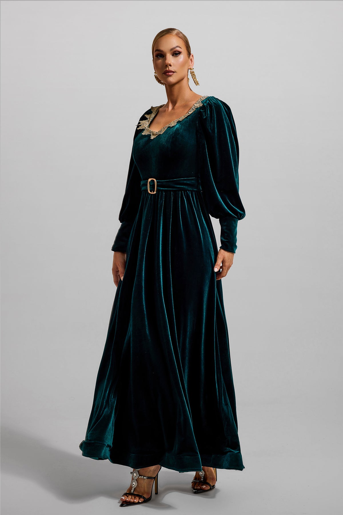 Velvet Lantern Sleeve Maxi Dress