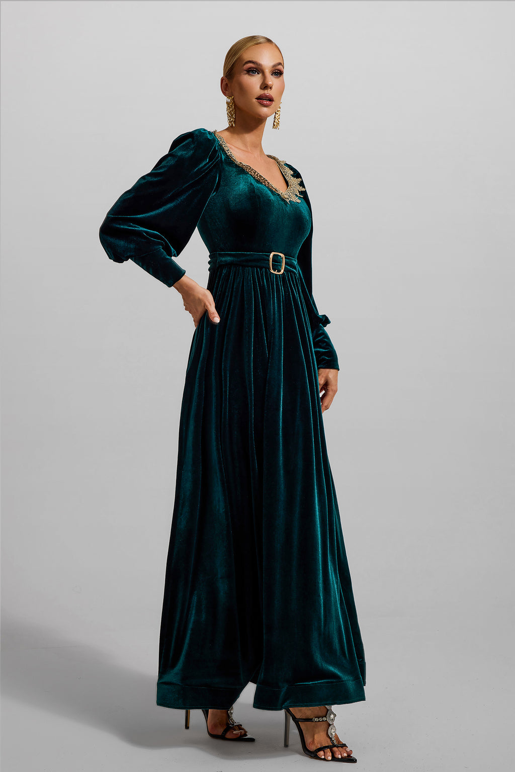 Velvet Lantern Sleeve Maxi Dress
