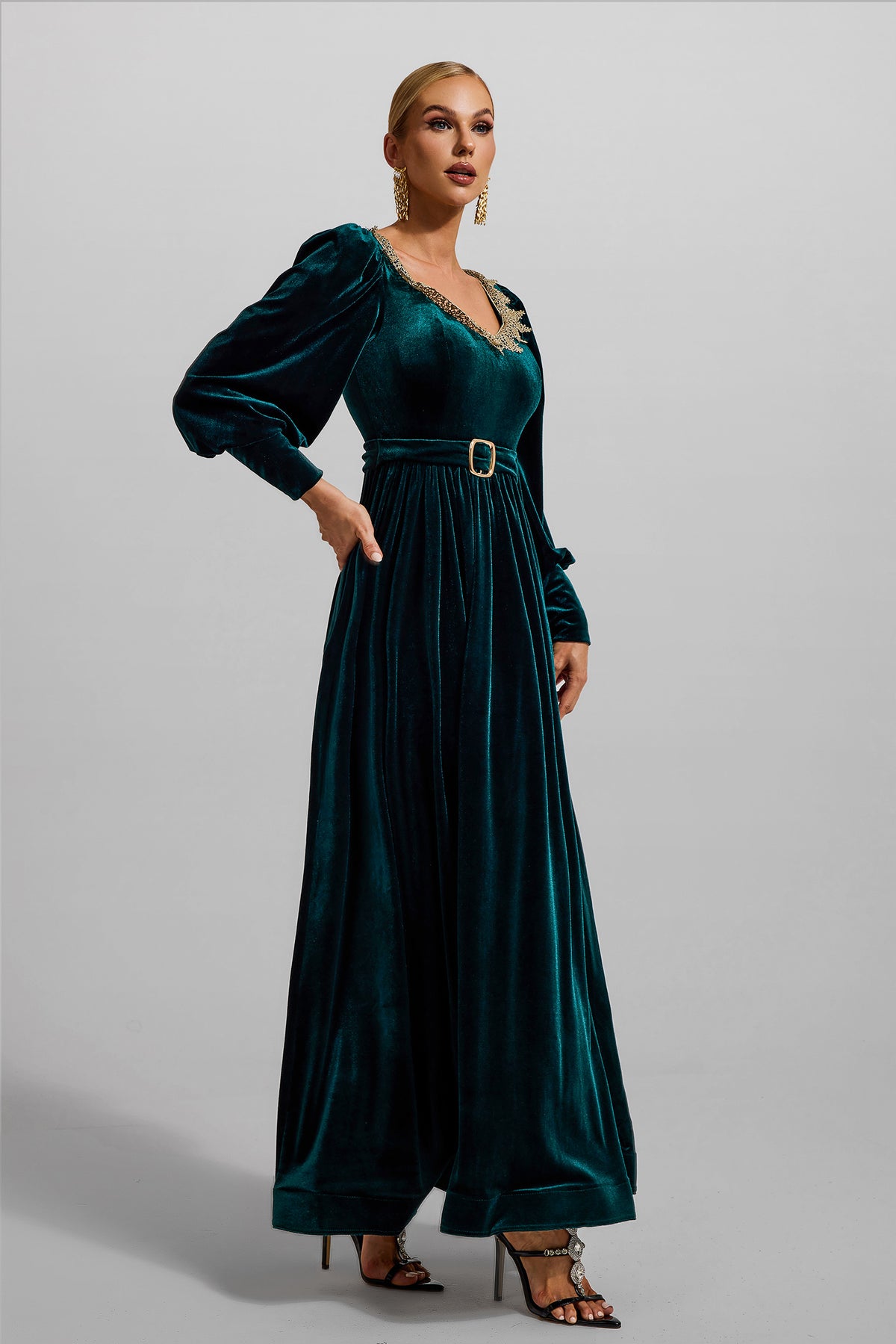 Velvet Lantern Sleeve Maxi Dress