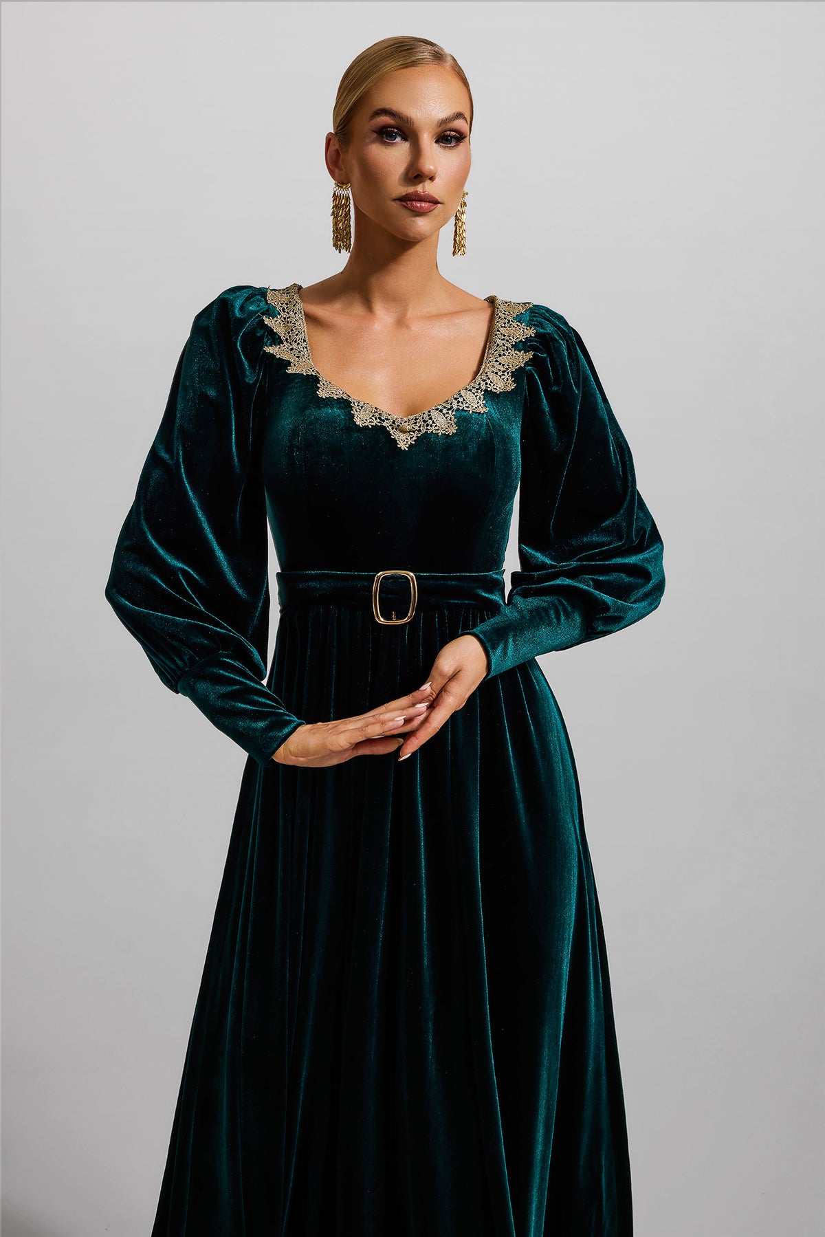 Velvet Lantern Sleeve Maxi Dress
