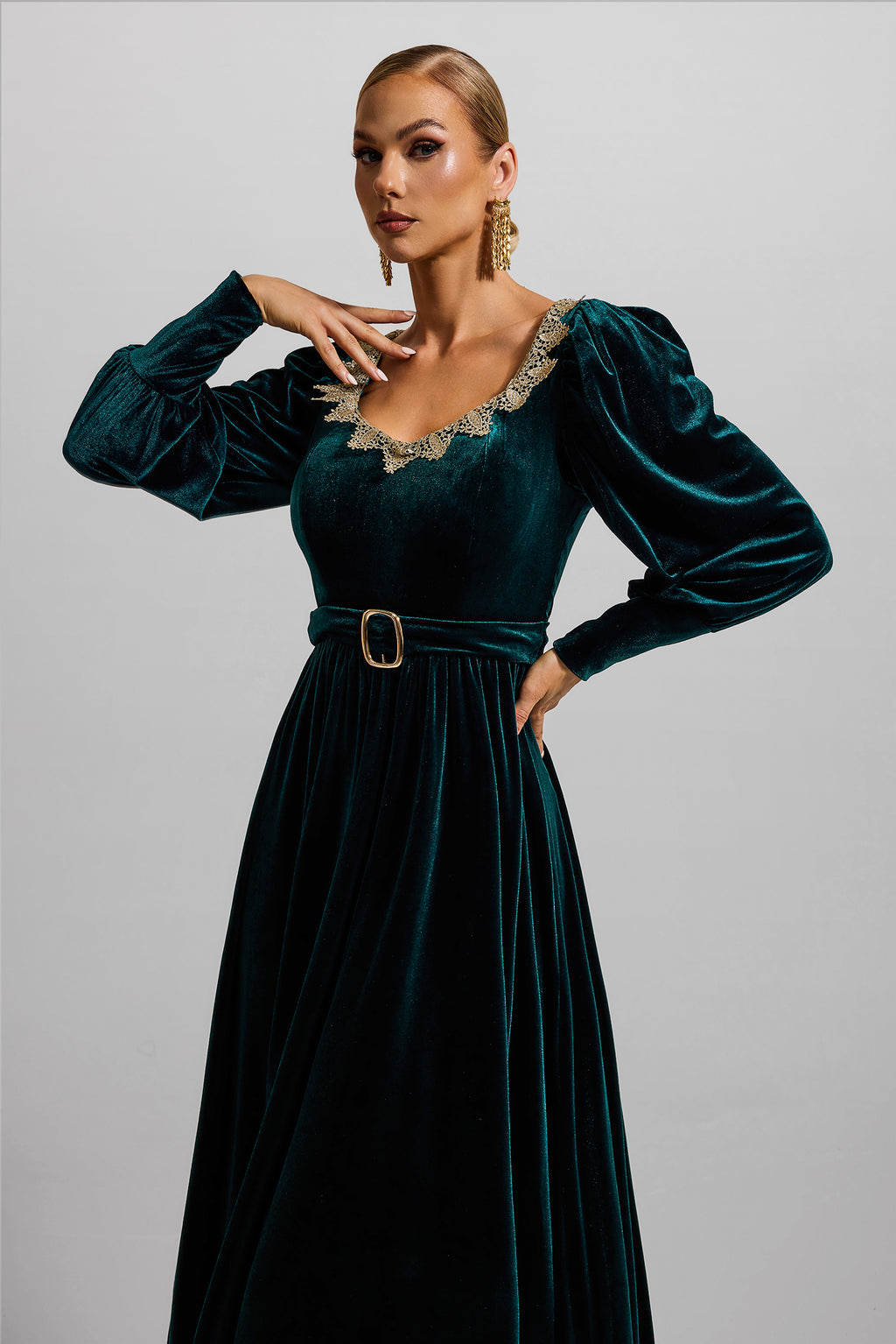 Velvet Lantern Sleeve Maxi Dress