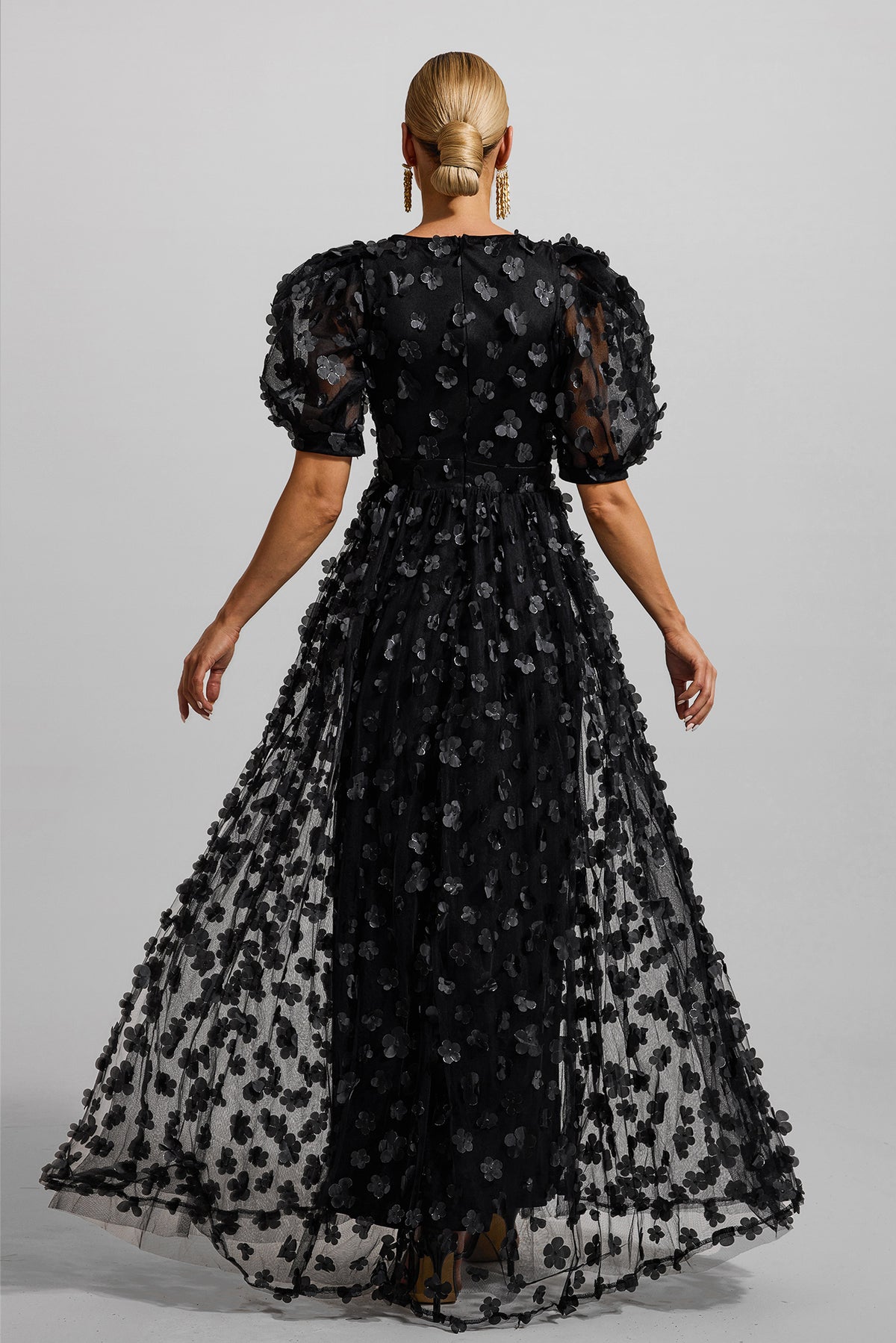 3d Puff Sleeve Maxi Dress