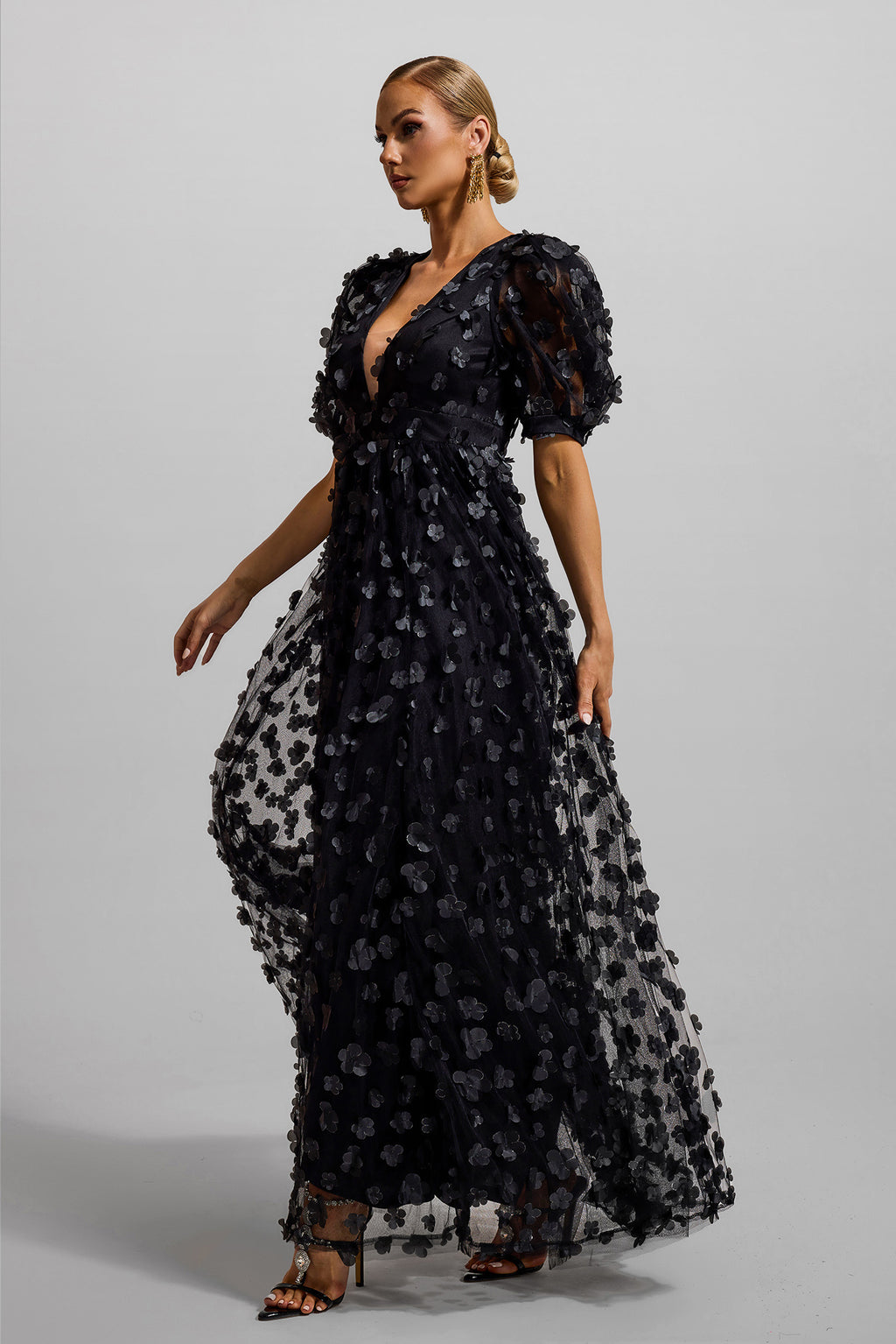 3d Puff Sleeve Maxi Dress