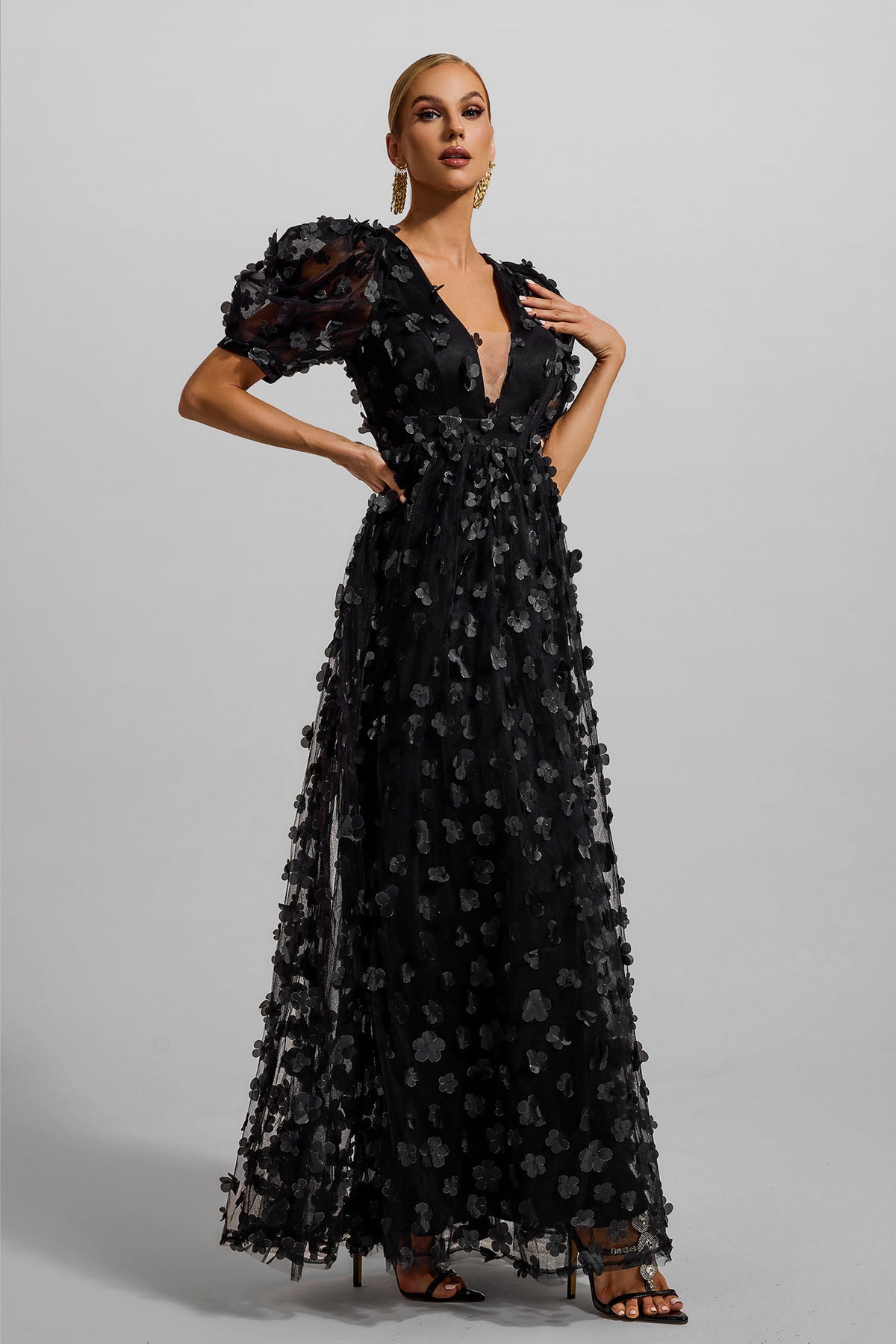 3d Puff Sleeve Maxi Dress